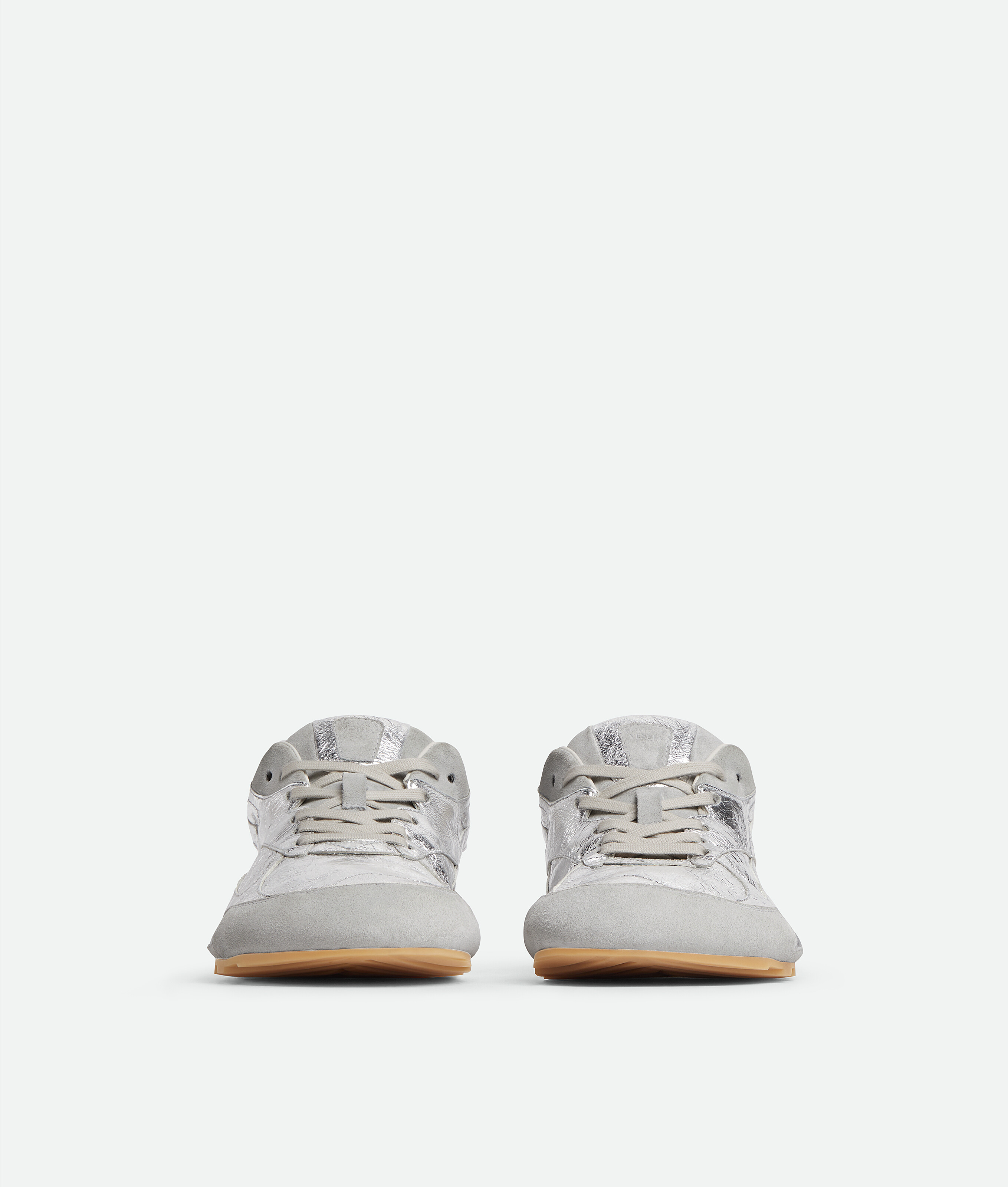 Bottega Veneta Orbit Flash Suede-trimmed Metallic Crinkled-leather Sneakers In Silver