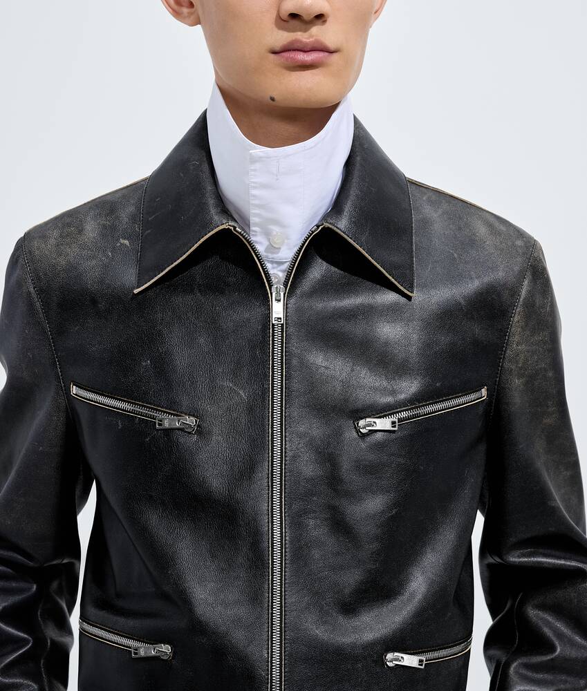 Men's Weathered Leather Jacket in Double black Bottega Veneta United States EN - Image 4