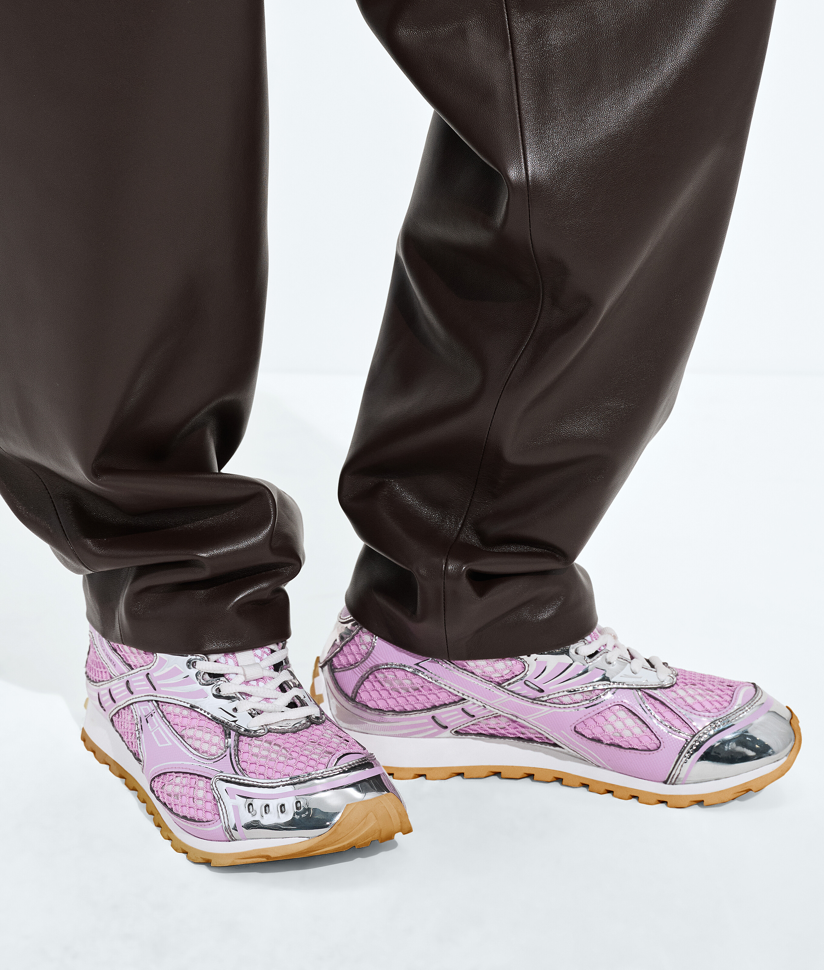 Bottega Veneta Women 'orbit' Pink Sneakers With Logo Lettering Print In Lightweight Techno Mesh Woma In Gloss/silver
