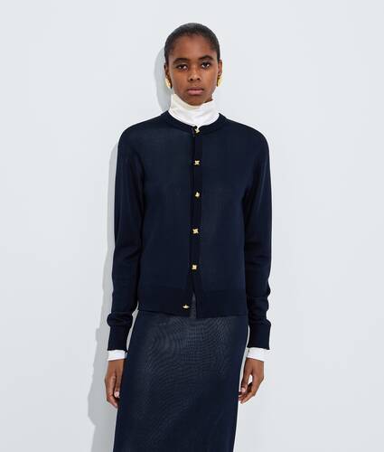 Women's Silk Double Knit Cardigan in Midnight blue/chalk Bottega Veneta Belgium EN - Image 1