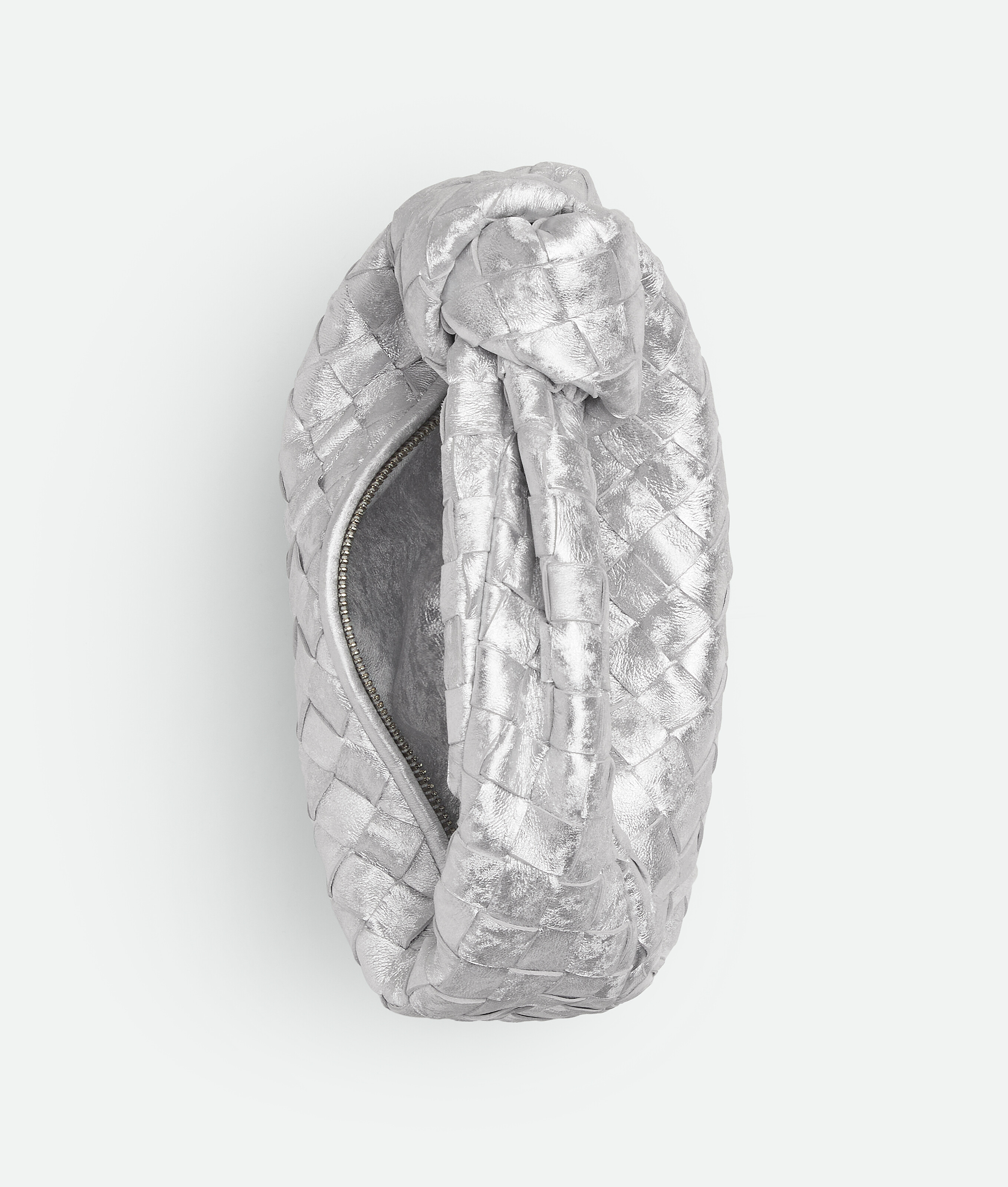 Bottega Veneta Jodie Mini Knotted Intrecciato Distressed Metallic Leather Tote In Silver