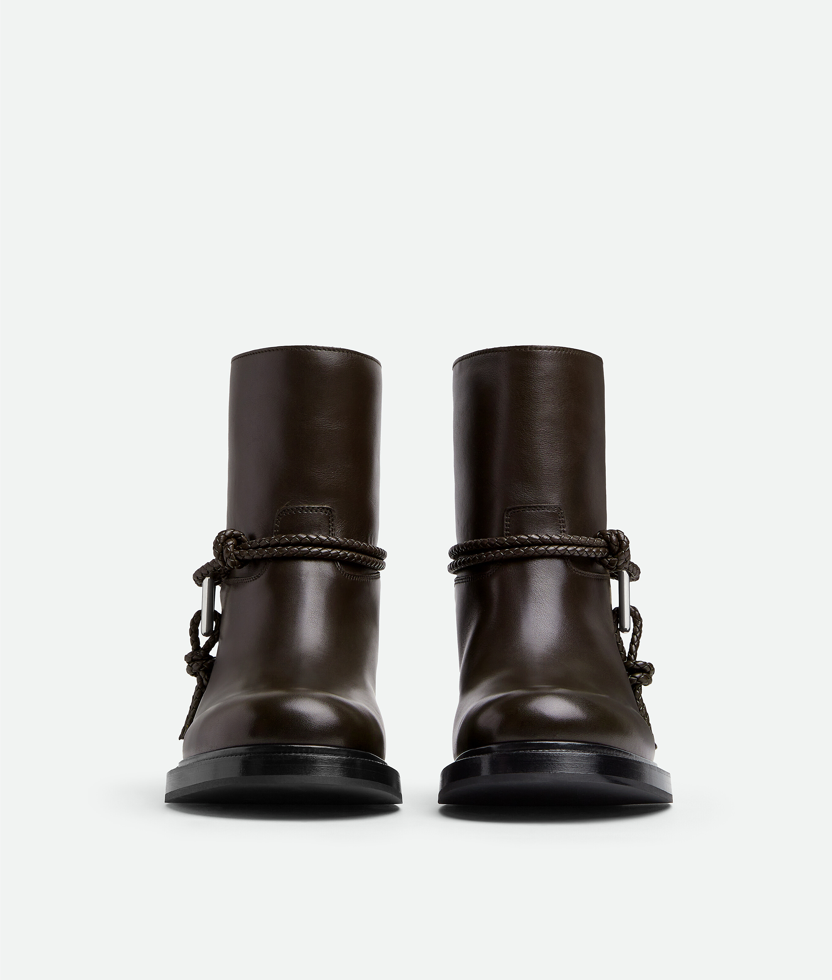 Bottega Veneta Women Black Ankle Boots With Metallic Detail On The Side And Applied Laces In Leather