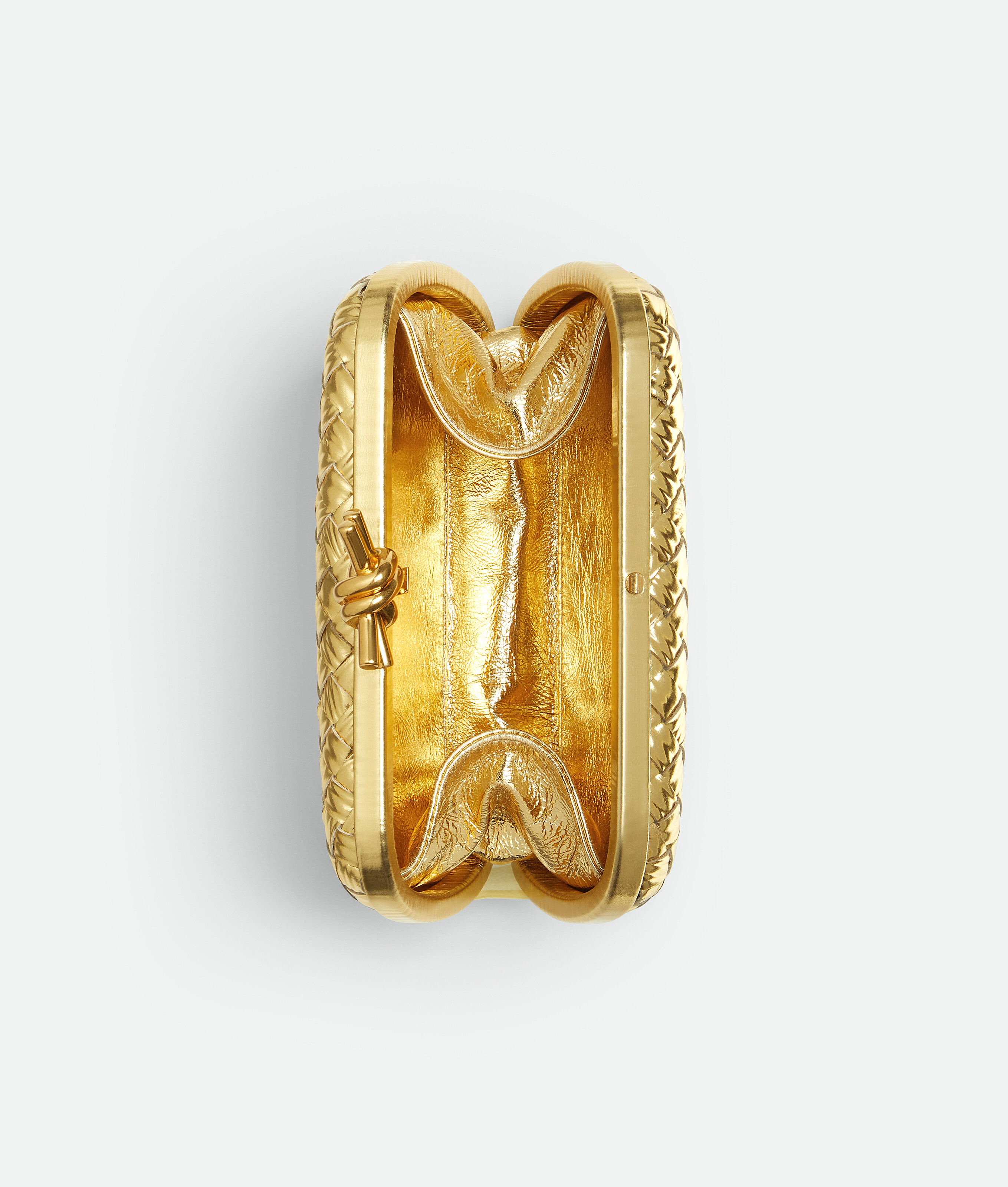 Bottega Veneta Knot Intrecciato Metallic Leather Clutch In Gold