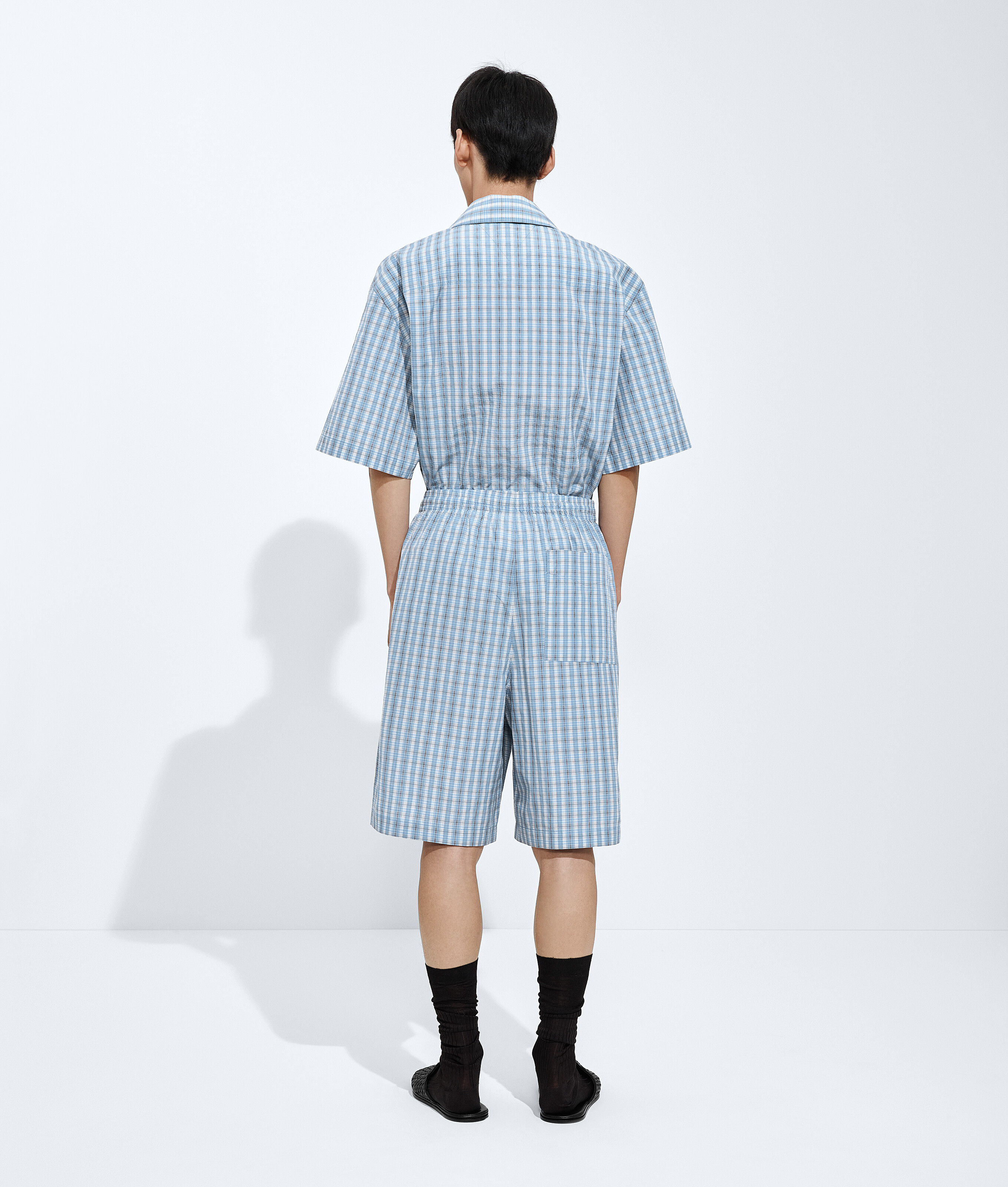 Men's Cotton And Silk Check Shorts in Blue/white/stone Bottega Veneta Luxembourg EN - Image 3