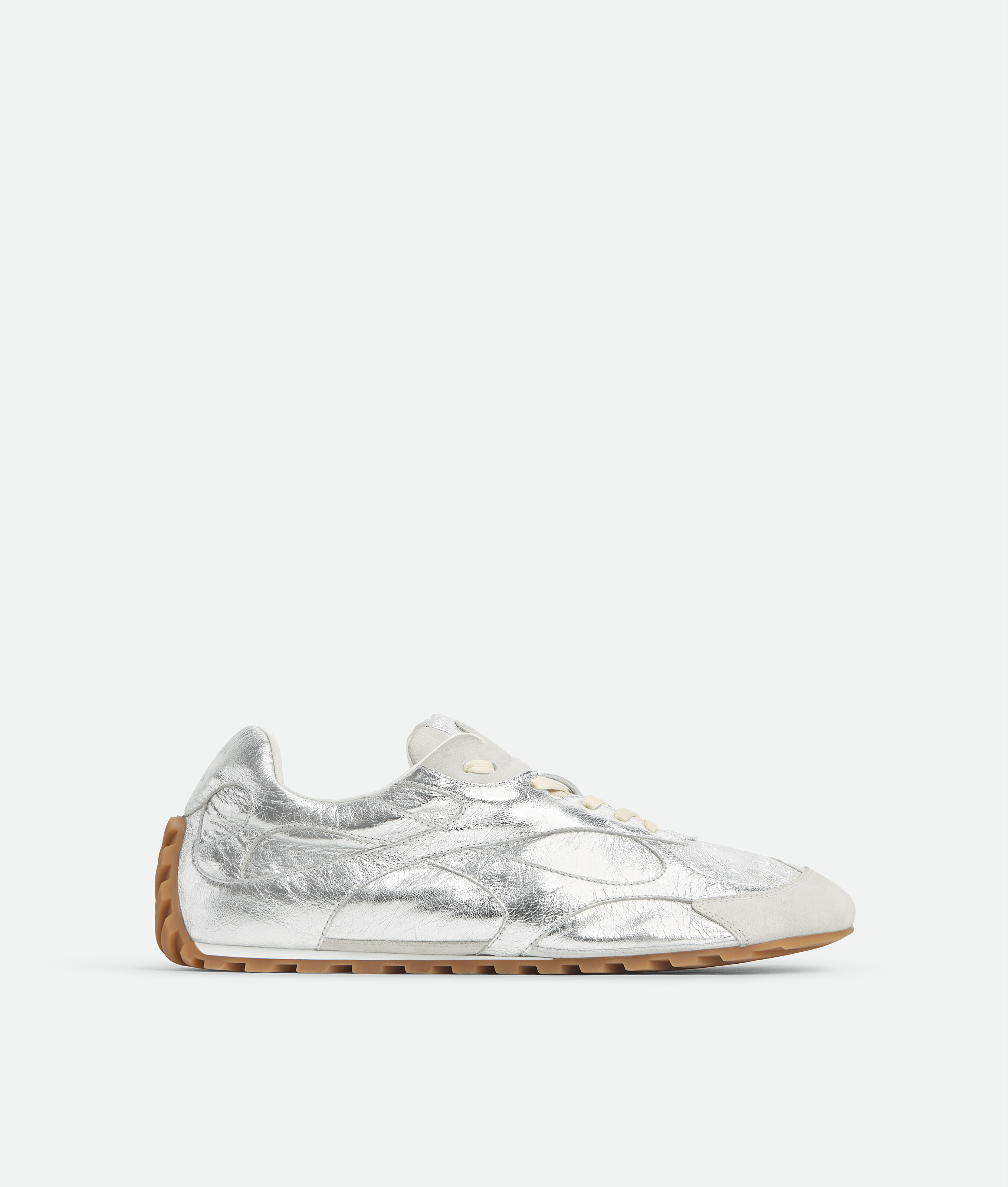 Bottega Veneta Orbit Flash Suede-trimmed Metallic Leather Sneakers In Silver