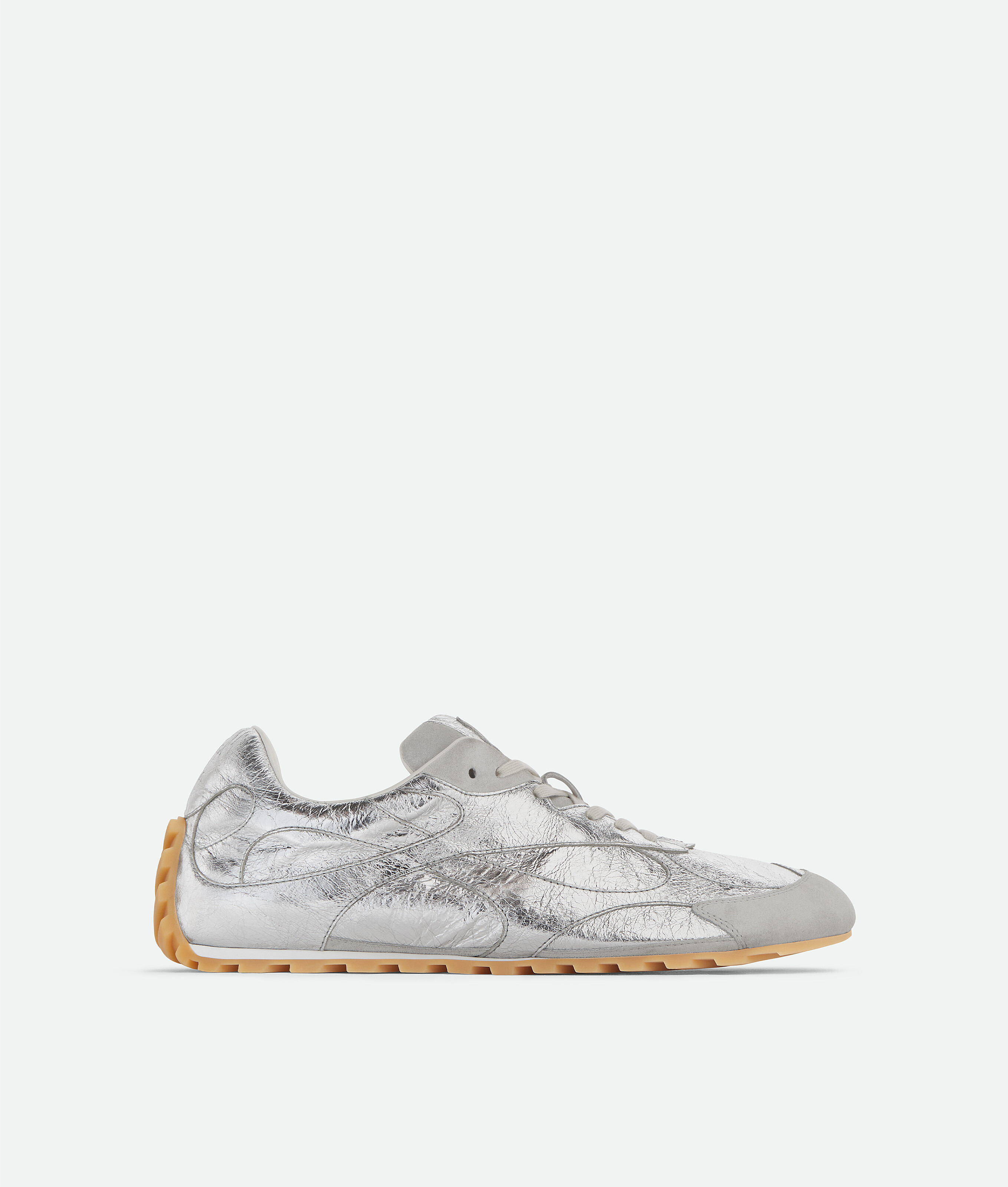 Bottega Veneta Orbit Flash Suede-trimmed Metallic Crinkled-leather Sneakers In Silver