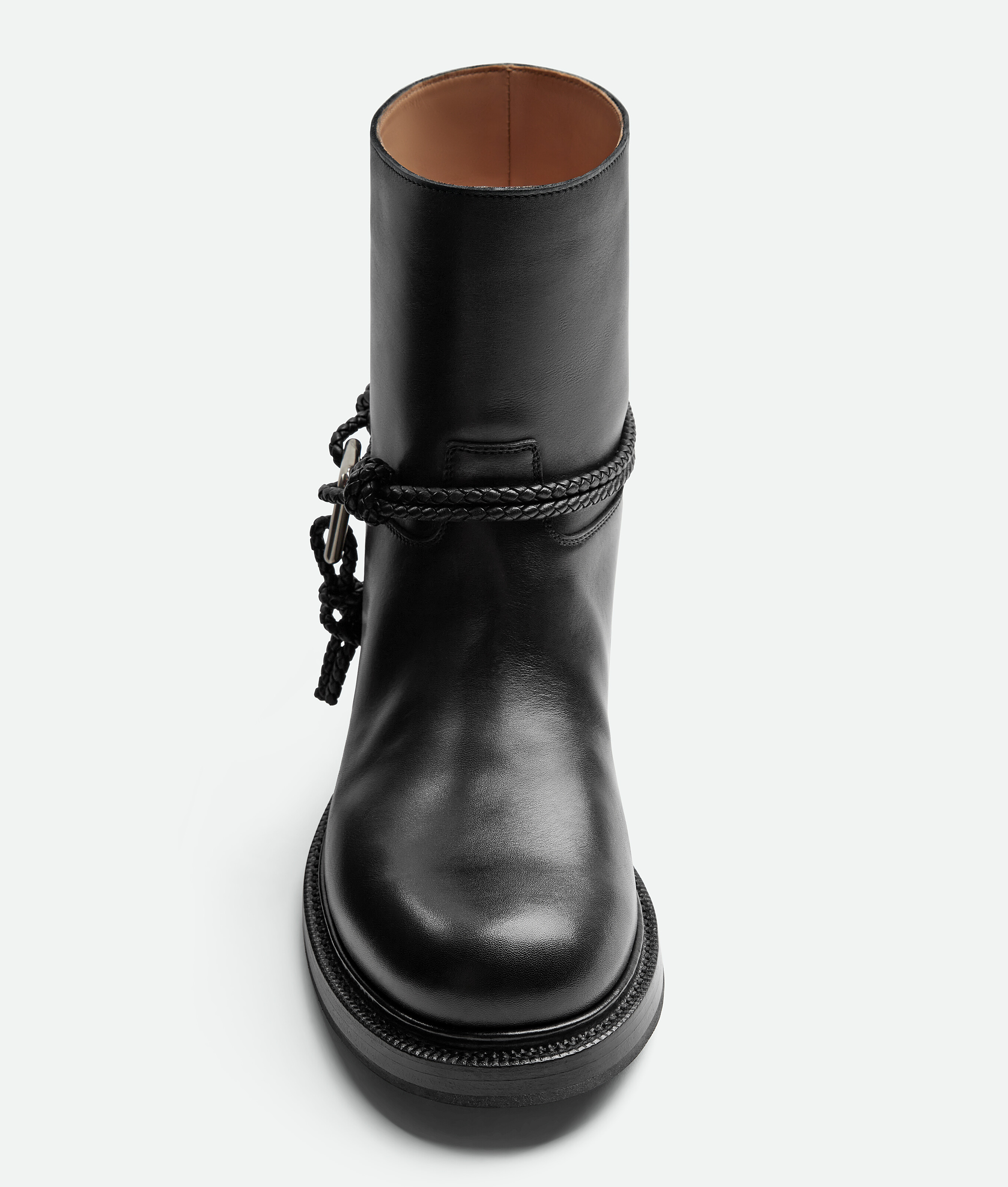 Bottega Veneta Women Black Ankle Boots With Metallic Detail On The Side And Applied Laces In Leather In Black