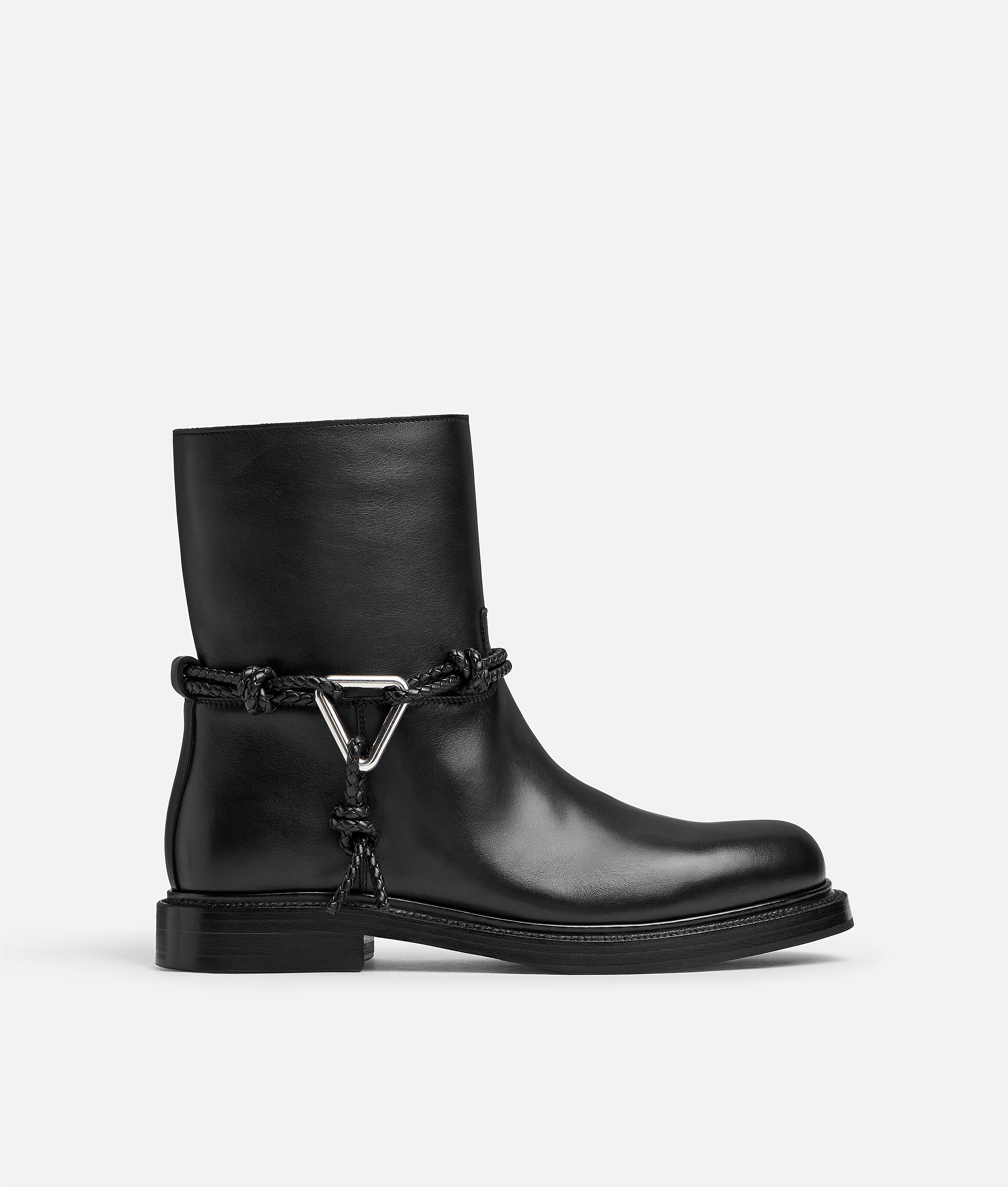 Bottega Veneta Women Black Ankle Boots With Metallic Detail On The Side And Applied Laces In Leather