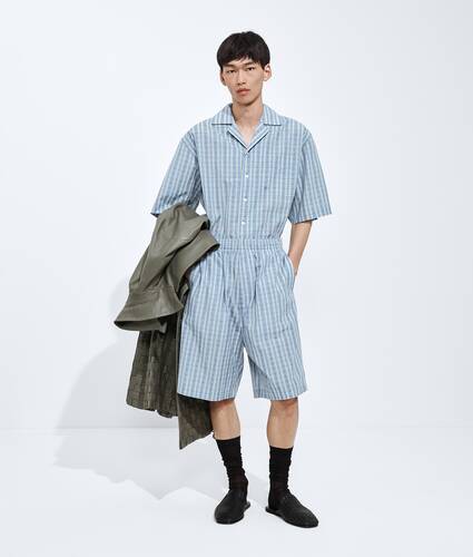 Men's Cotton And Silk Check Shorts in Blue/white/stone Bottega Veneta Czechia EN - Image 1