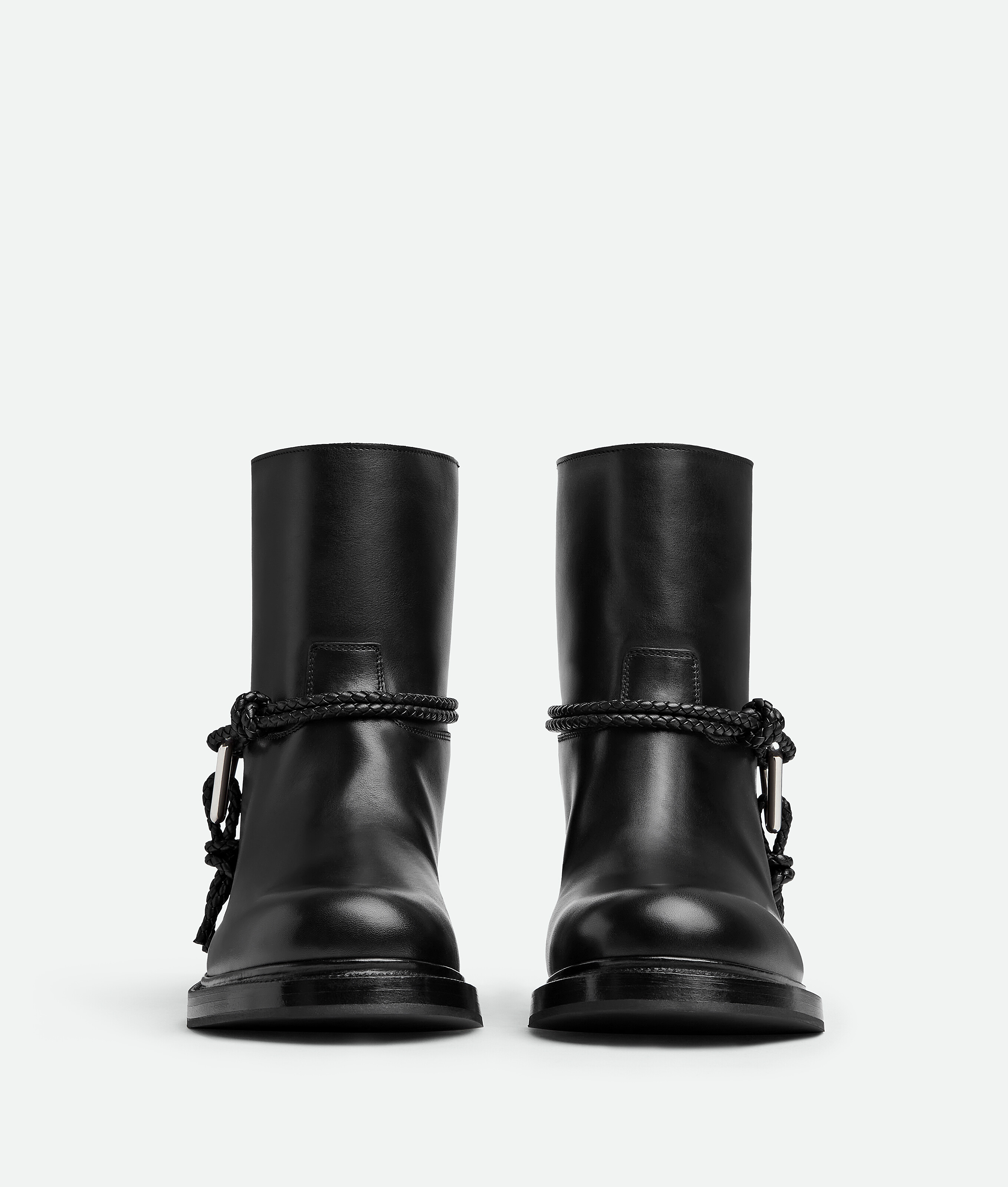 Bottega Veneta Women Black Ankle Boots With Metallic Detail On The Side And Applied Laces In Leather In Black