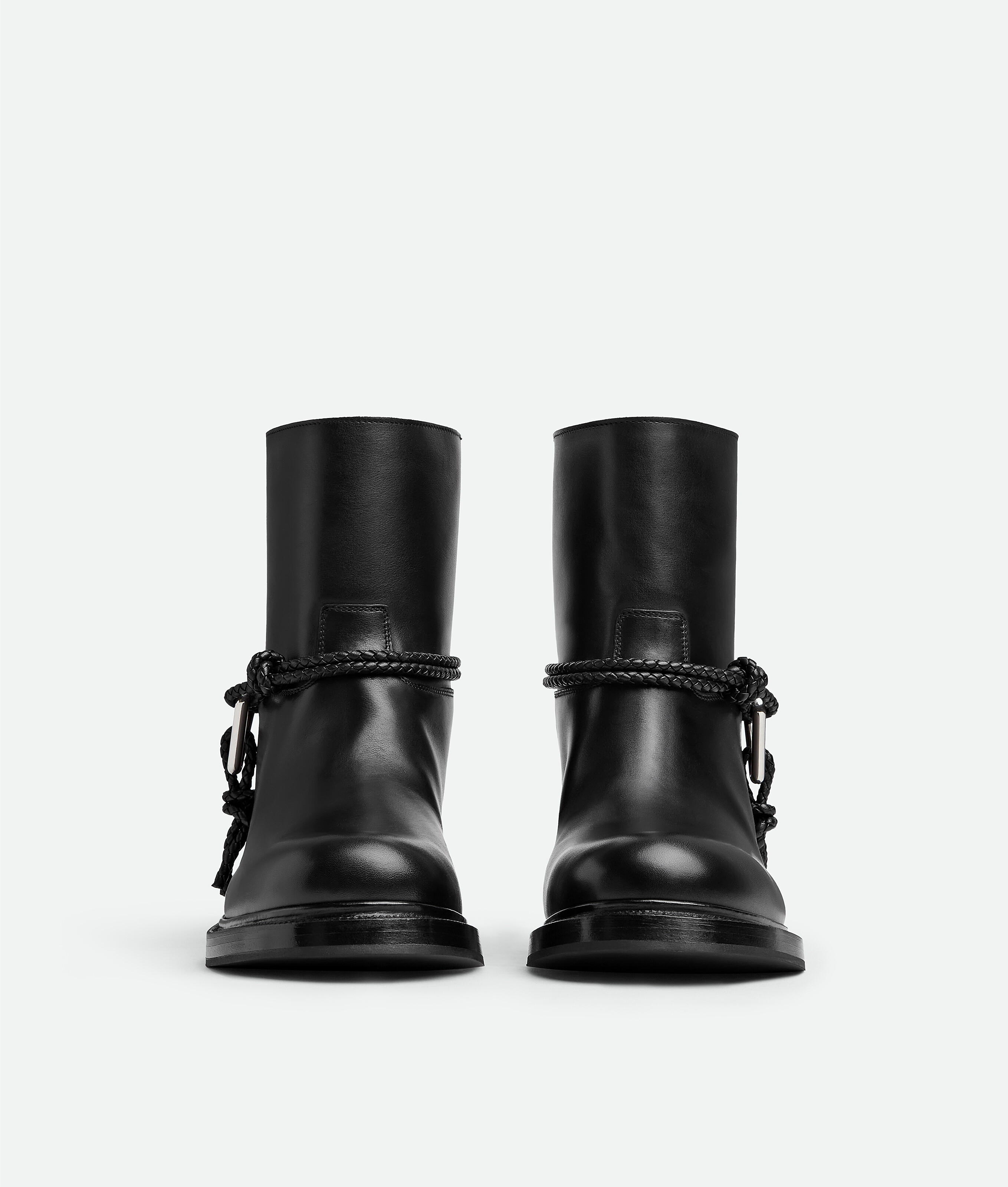 Bottega Veneta Women Black Ankle Boots With Metallic Detail On The Side And Applied Laces In Leather