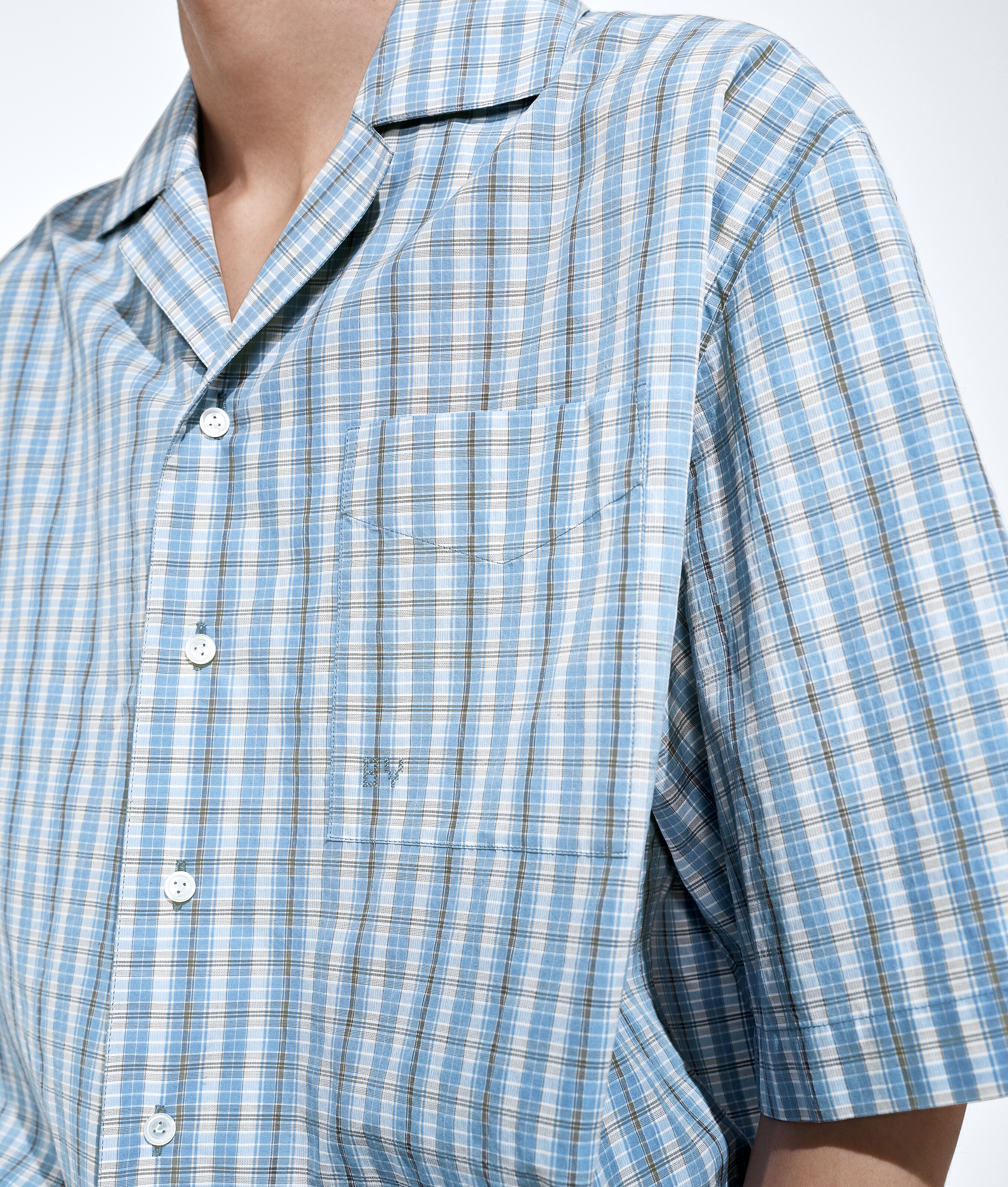 Men's Cotton And Silk Check Pajama Shirt in Blue/white/stone Bottega Veneta Finland EN - Image 5