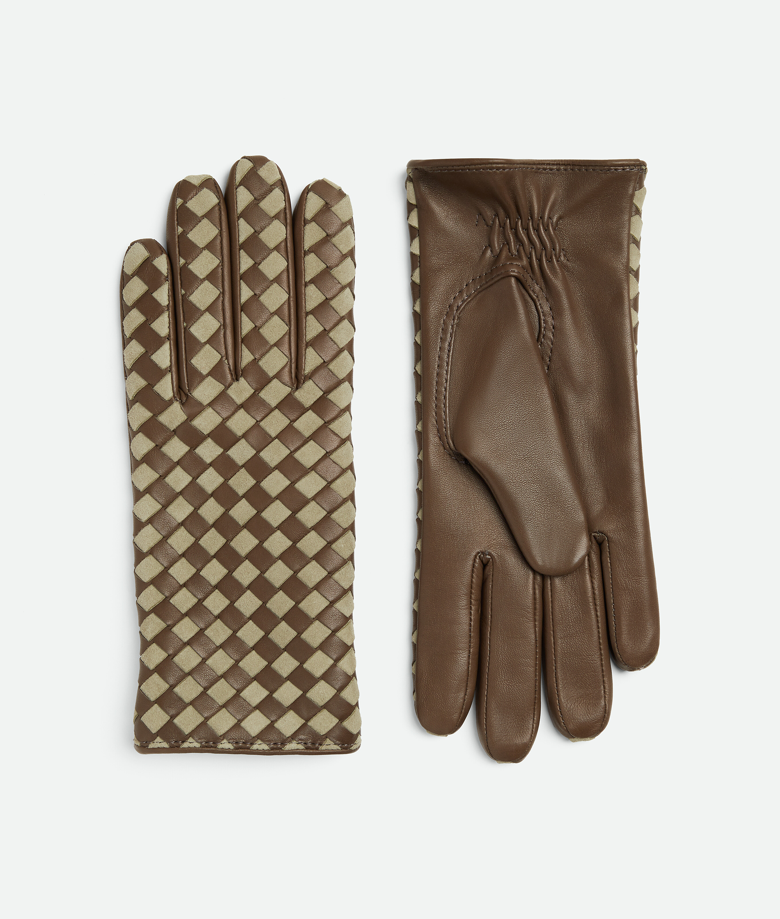 Bottega Veneta Gants En Cuir Suède Et Cuir Intrecciato In Brown