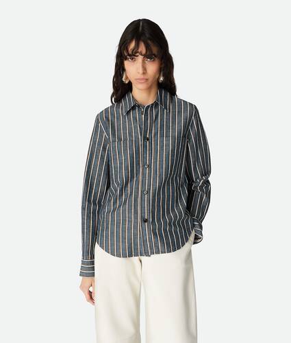 Women's Cotton And Linen Stripe Shirt in Blue/khaki/black Bottega Veneta Netherlands EN - Image 1