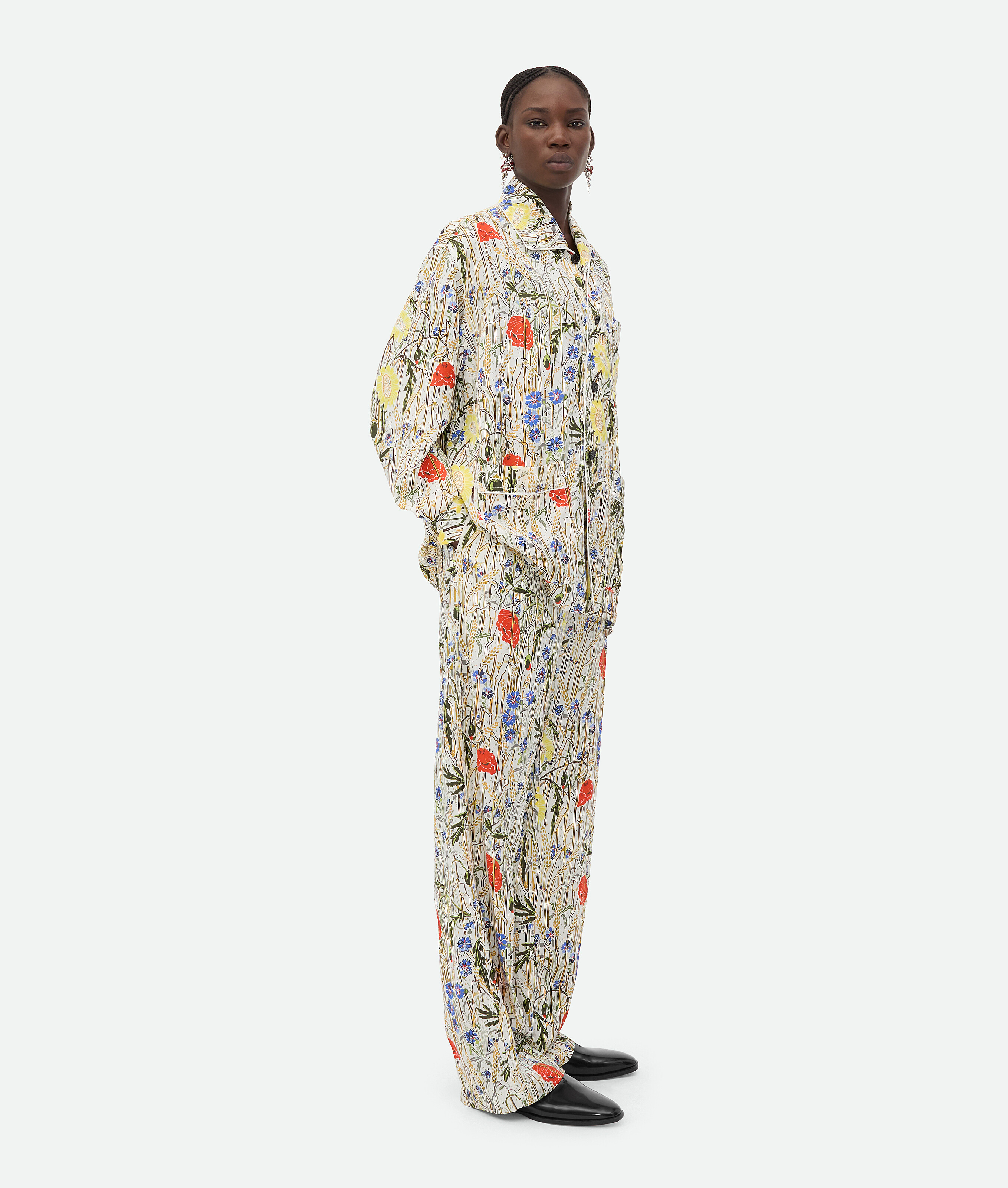 Bottega Veneta Womens Chalk Hibiscus Khaki Flower-print Wide-leg High-rise Woven-blend Pyjama Set In Chalk/hibiscus/khaki