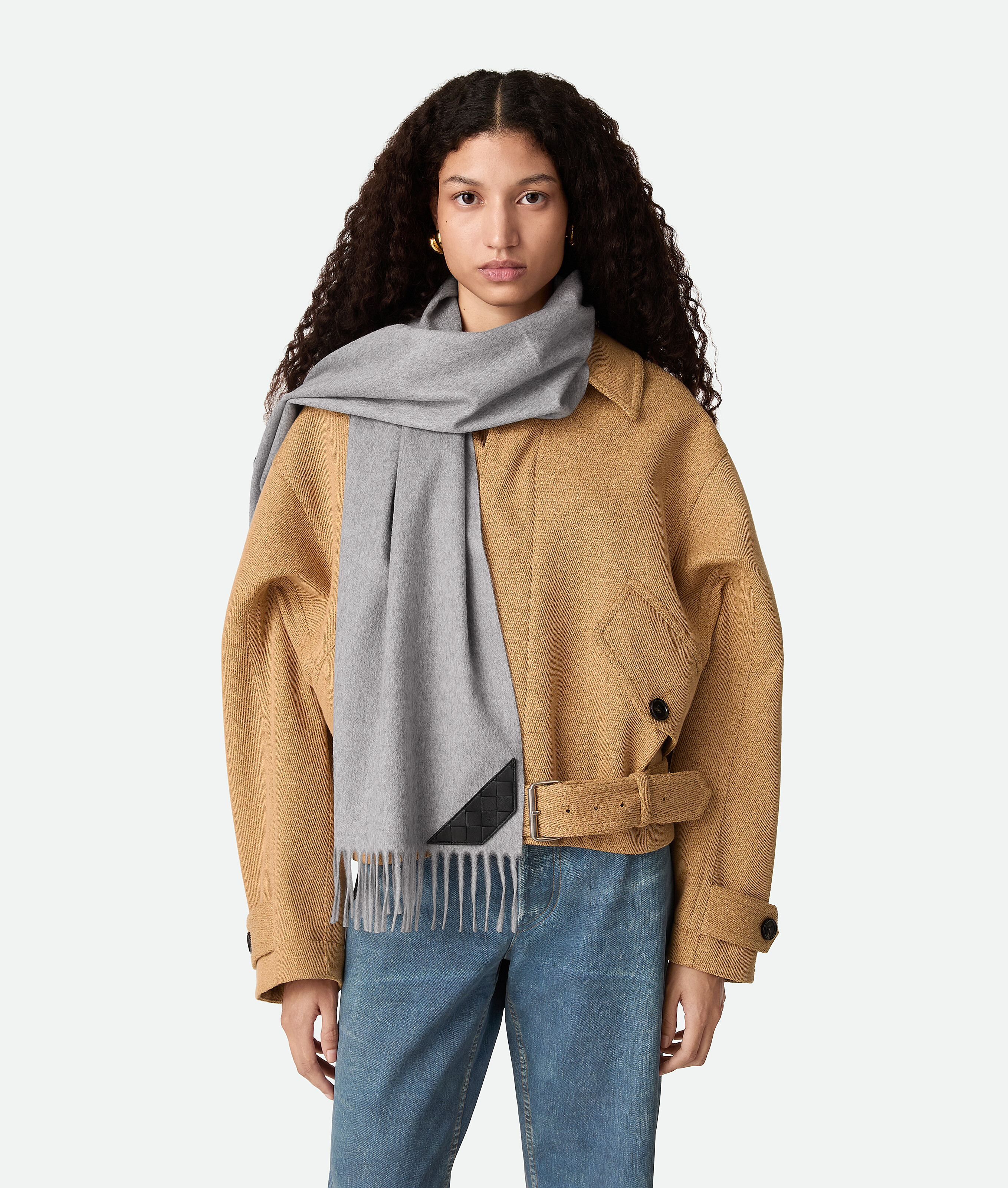 Bottega Veneta Intrecciato Leather-trimmed Fringed Cashmere Scarf In Gray