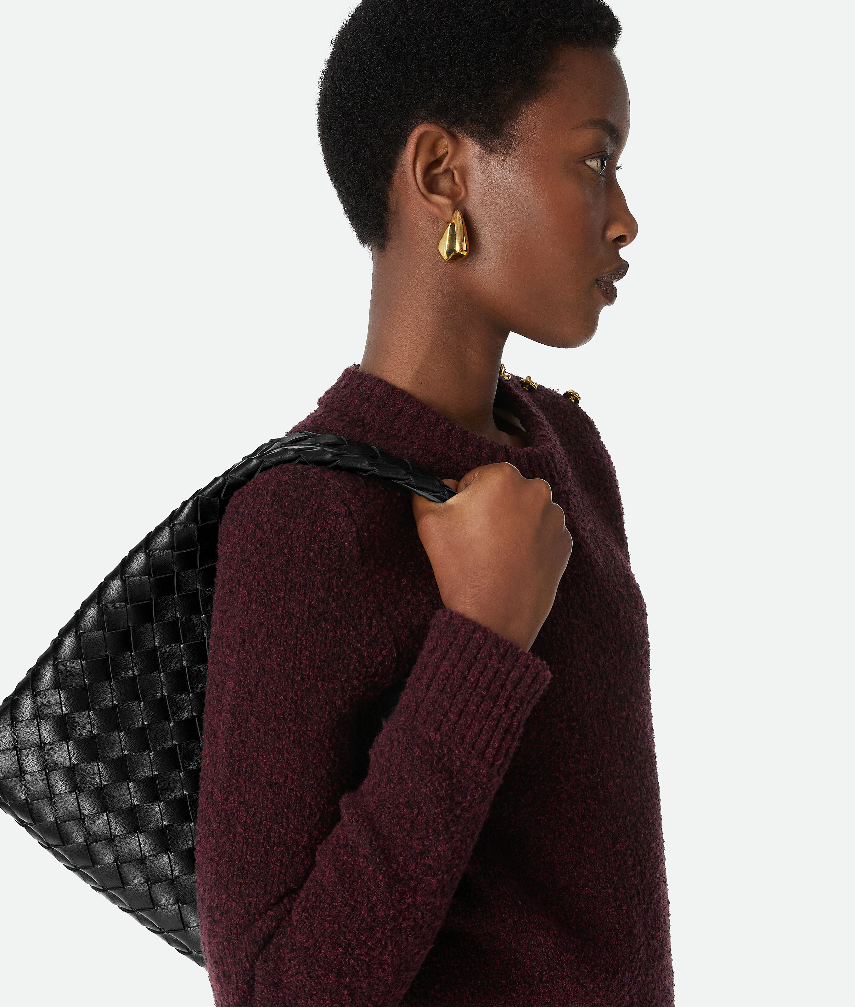 Bottega Veneta Small Leather Intrecciato Campana Shoulder Bag In Black