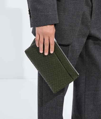 Men's Intrecciato Piccolo Prism Pouch in Bark green/silver Bottega Veneta Italy EN - Image 2