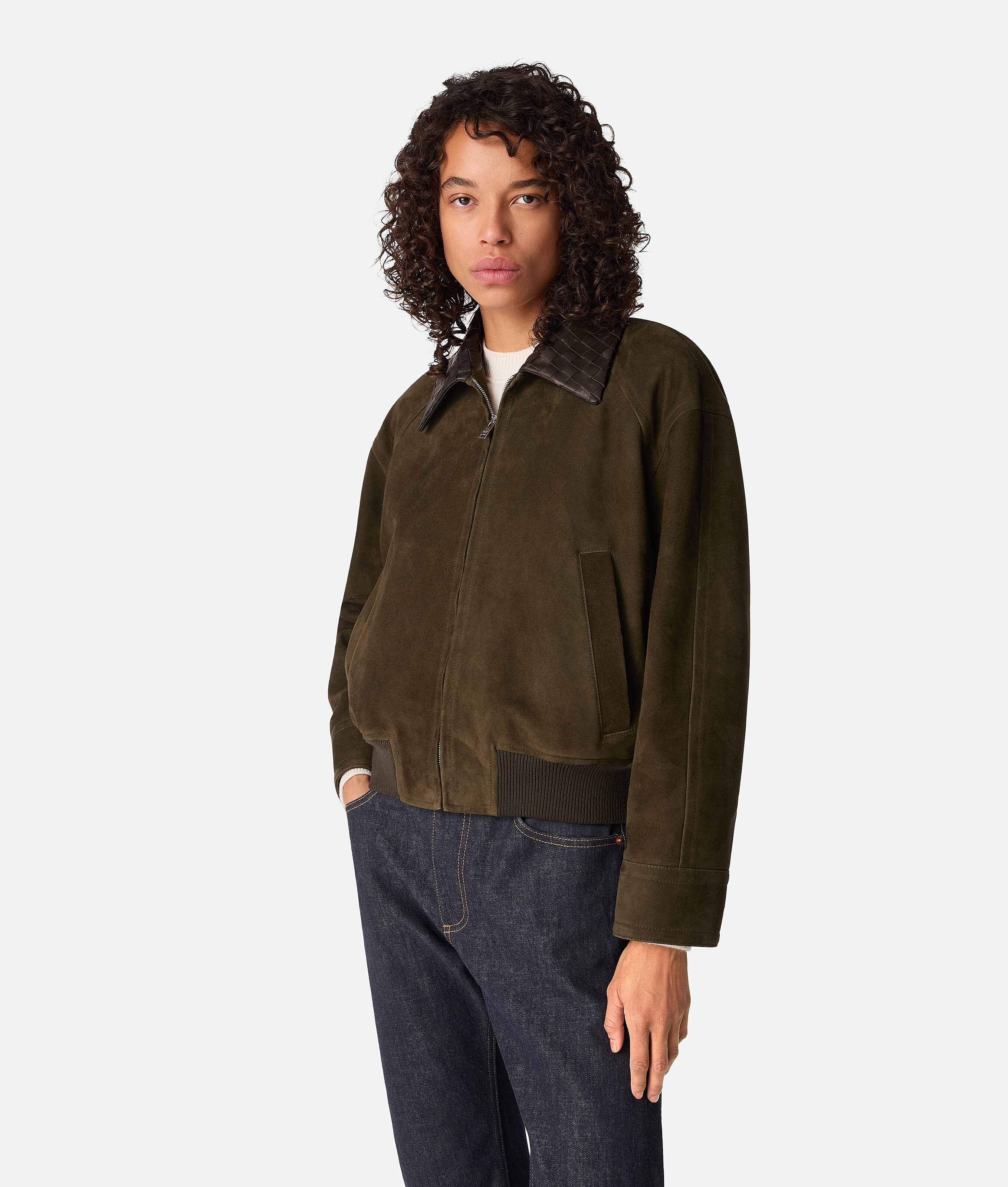 Bottega Veneta Suede Leather Blouson In Green