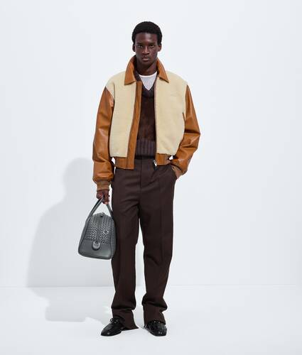 Men's Shearling and Leather Blouson in Deep caramel/ivory Bottega Veneta Greece EN - Image 1