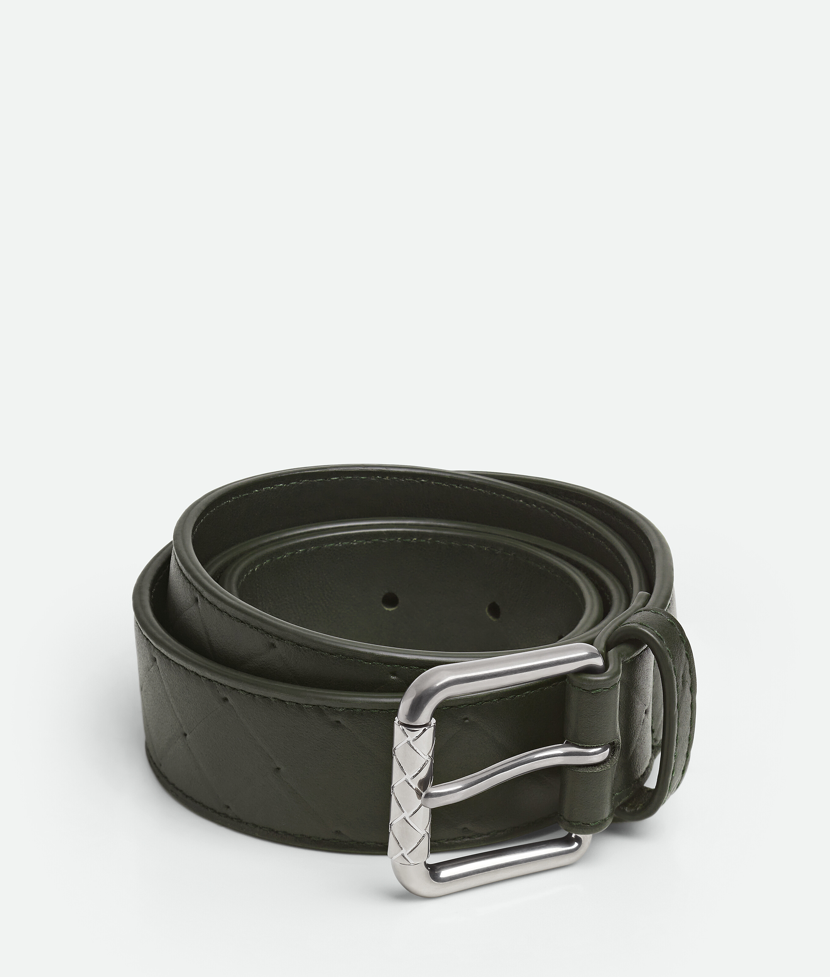 Bottega Veneta Leather Intrecciato Stamp Belt In Green