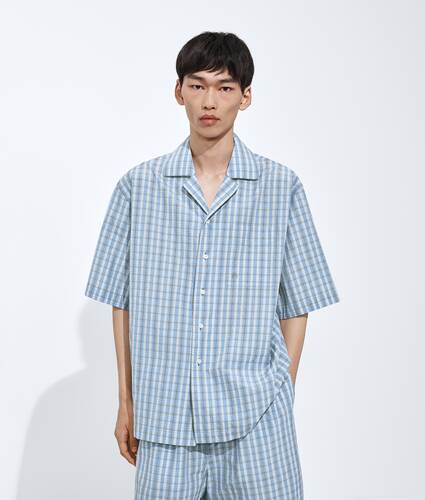 Men's Cotton And Silk Check Pajama Shirt in Blue/white/stone Bottega Veneta Czechia EN - Image 1