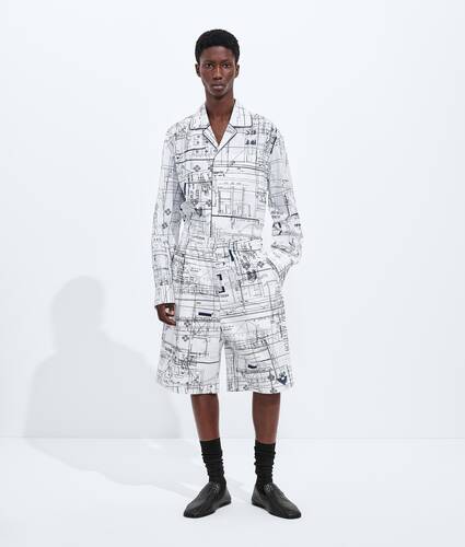 Men's Cotton Poplin Printed Shorts in Chalk/midnight blue Bottega Veneta Bulgaria EN - Image 1