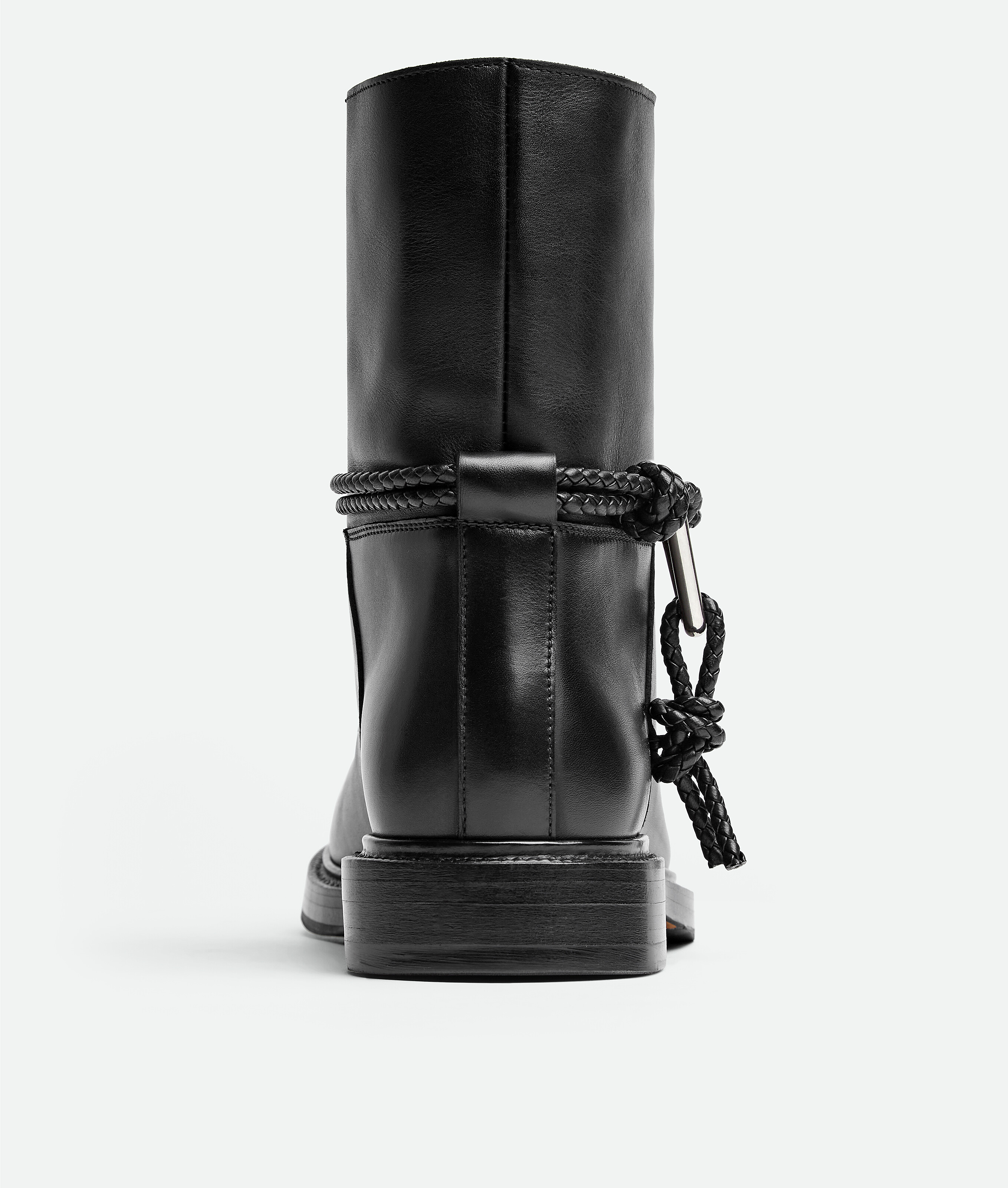 Bottega Veneta Women Black Ankle Boots With Metallic Detail On The Side And Applied Laces In Leather