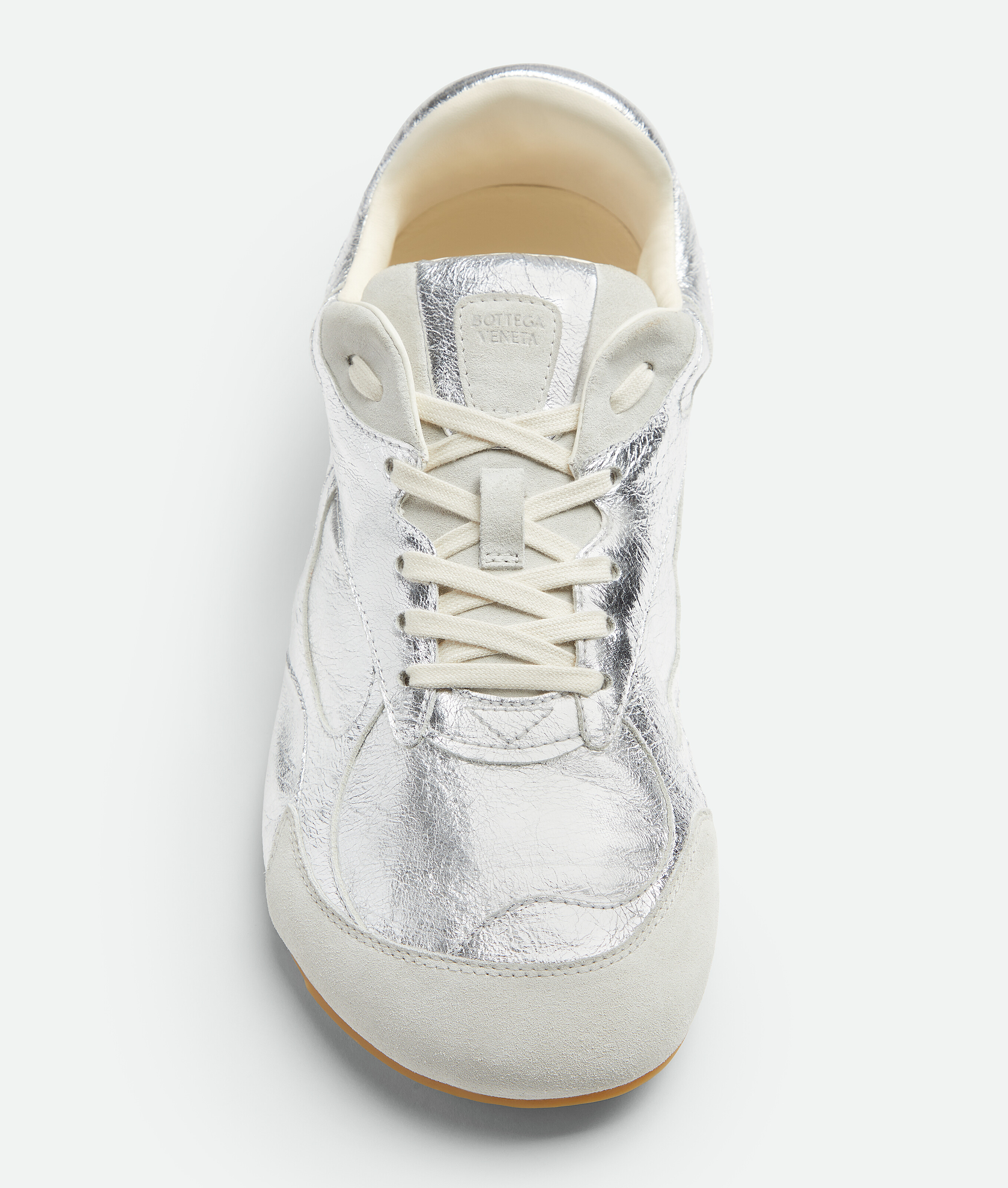 Bottega Veneta Orbit Flash Suede-trimmed Metallic Leather Sneakers In Silver