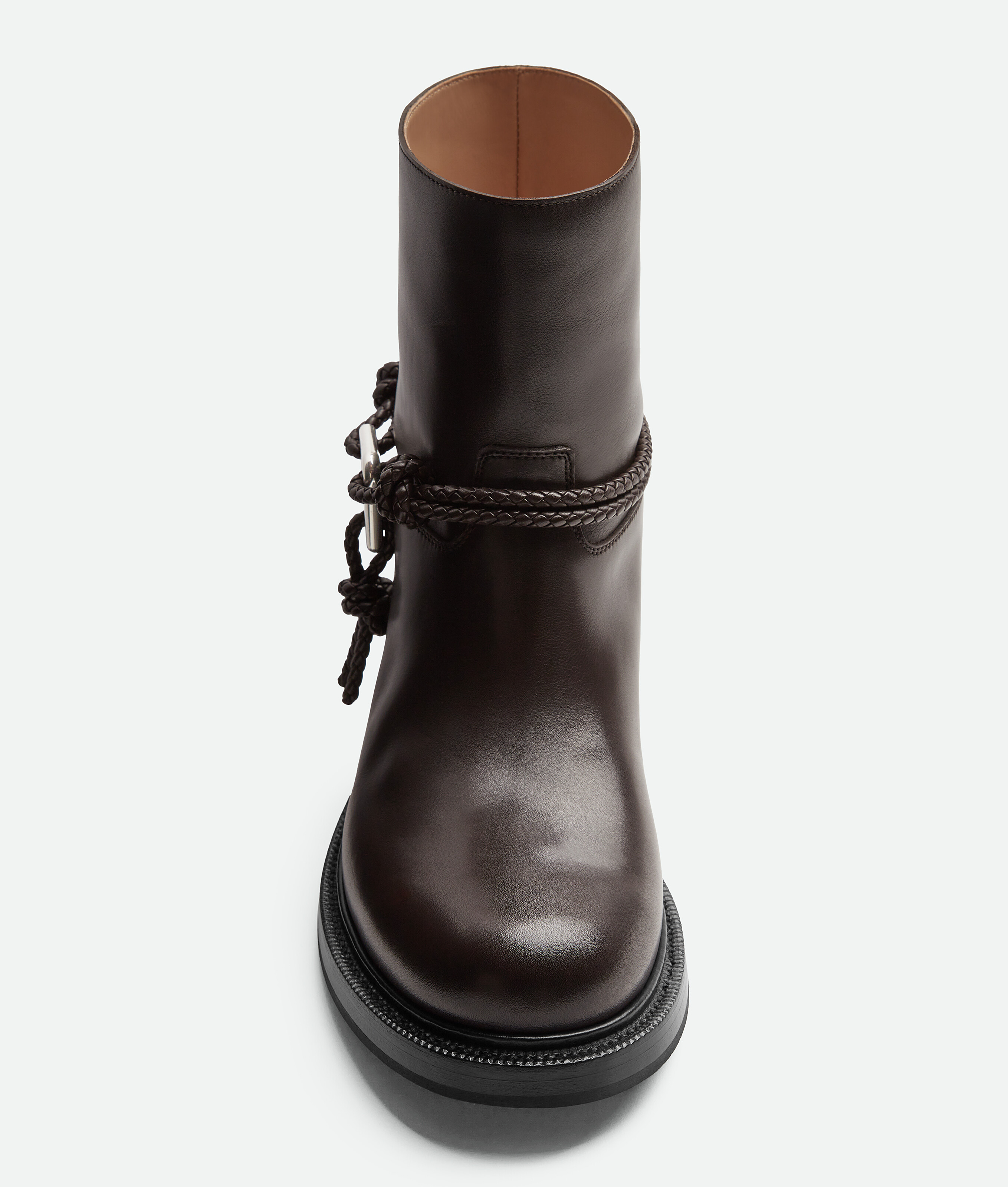 Bottega Veneta Women Black Ankle Boots With Metallic Detail On The Side And Applied Laces In Leather