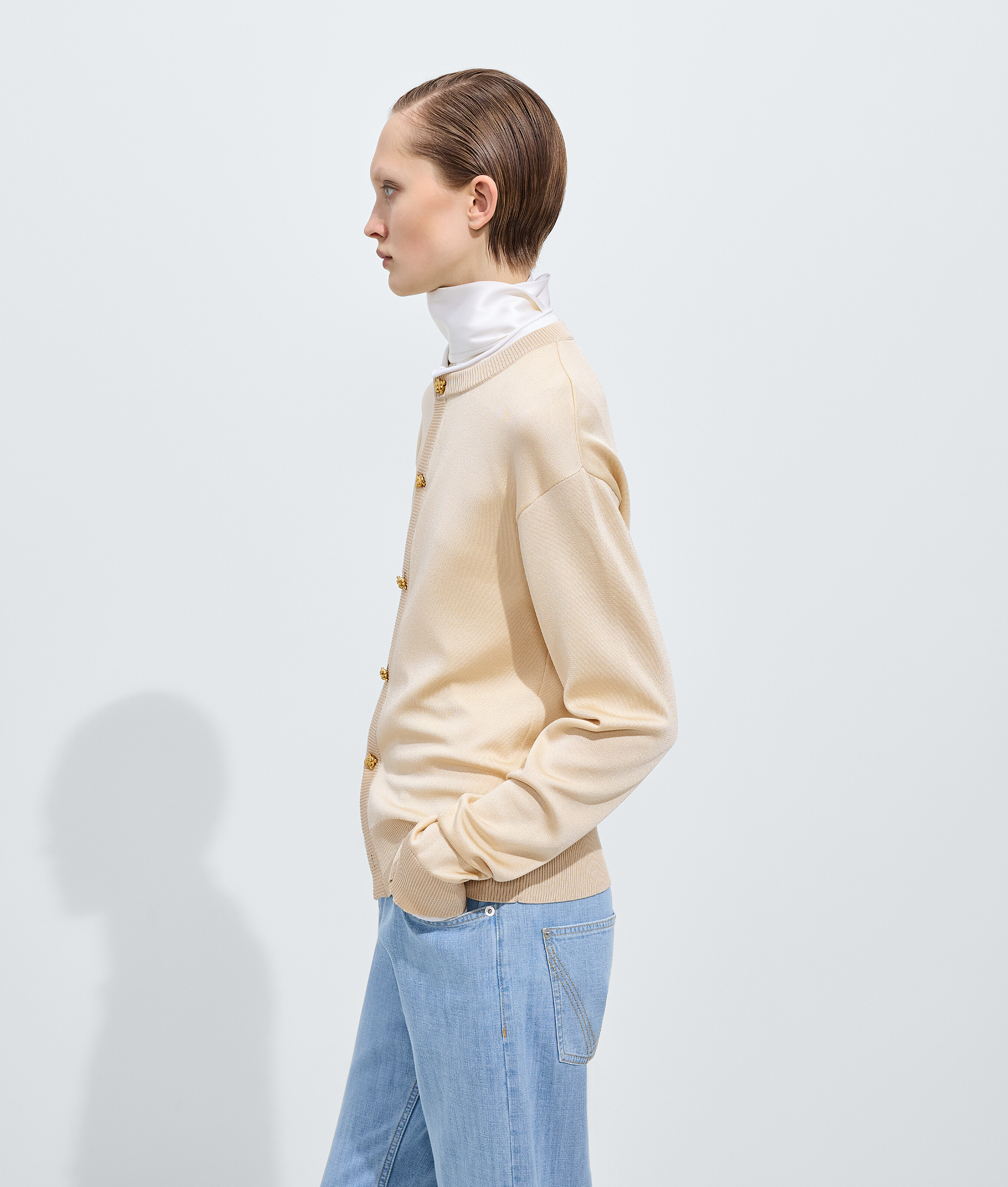 Women's Silk Double Knit Cardigan in Prosecco/chalk Bottega Veneta Thailand EN - Image 2