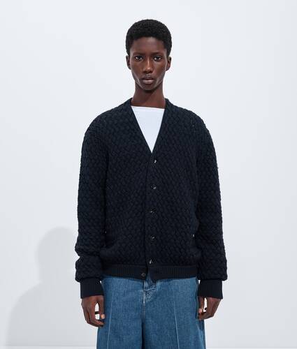 Men's Intrecciato Wool Cardigan in Midnight blue Bottega Veneta Belgium EN - Image 1