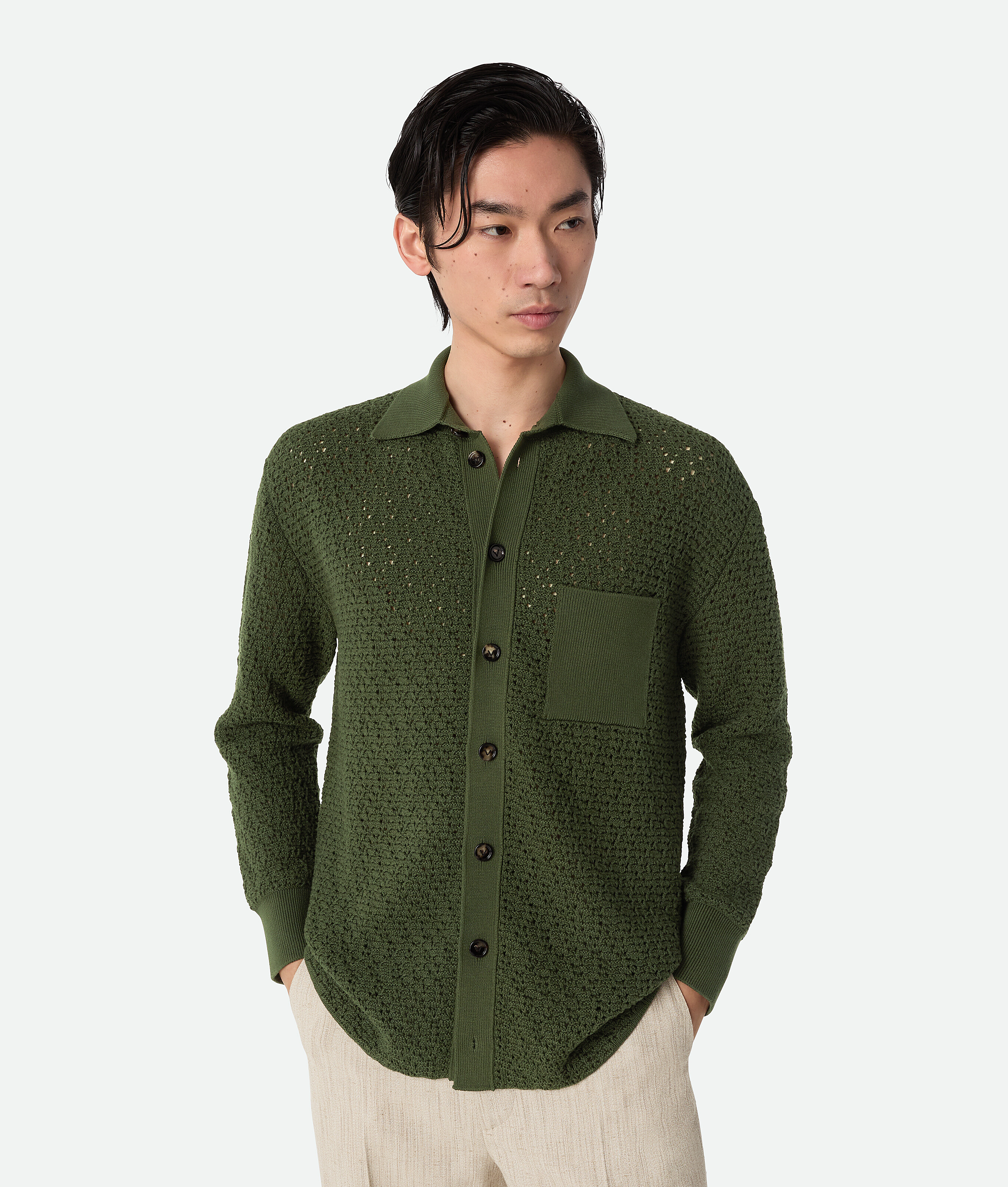 Bottega Veneta Camicia In Maglia Di Cotone Crochet - Verde - Uomo - XS - Cotone