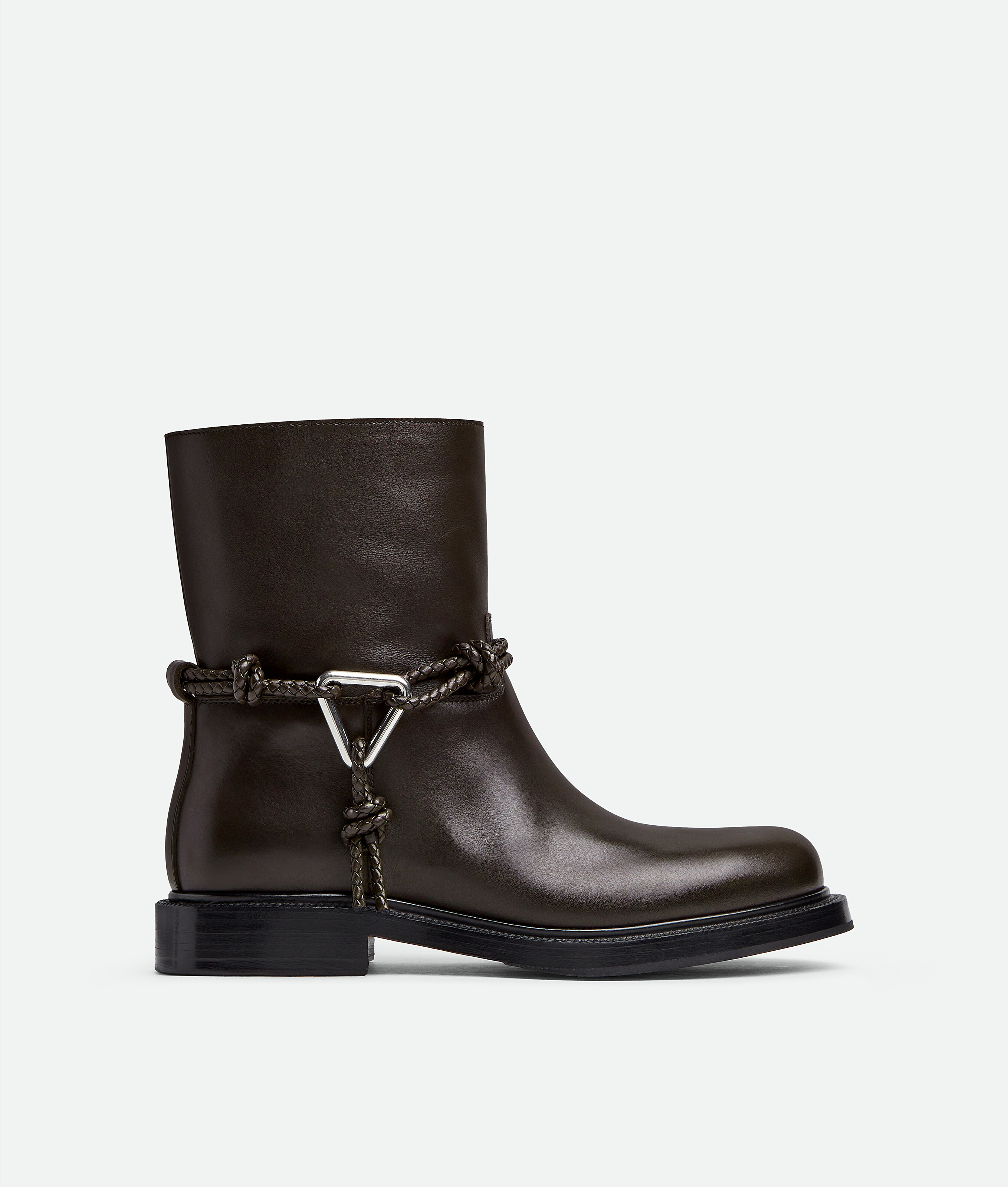 Bottega Veneta Women Black Ankle Boots With Metallic Detail On The Side And Applied Laces In Leather
