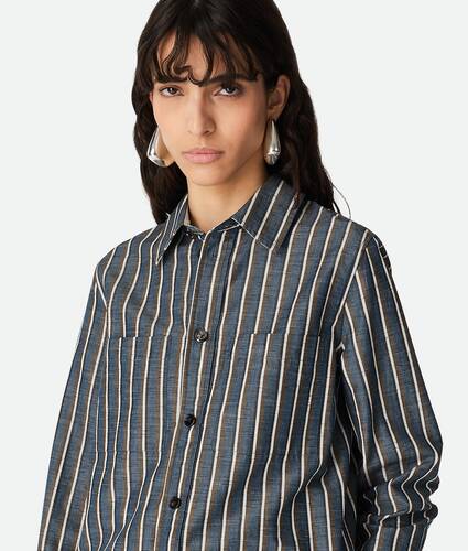 Women's Cotton And Linen Stripe Shirt in Blue/khaki/black Bottega Veneta Netherlands EN - Image 4