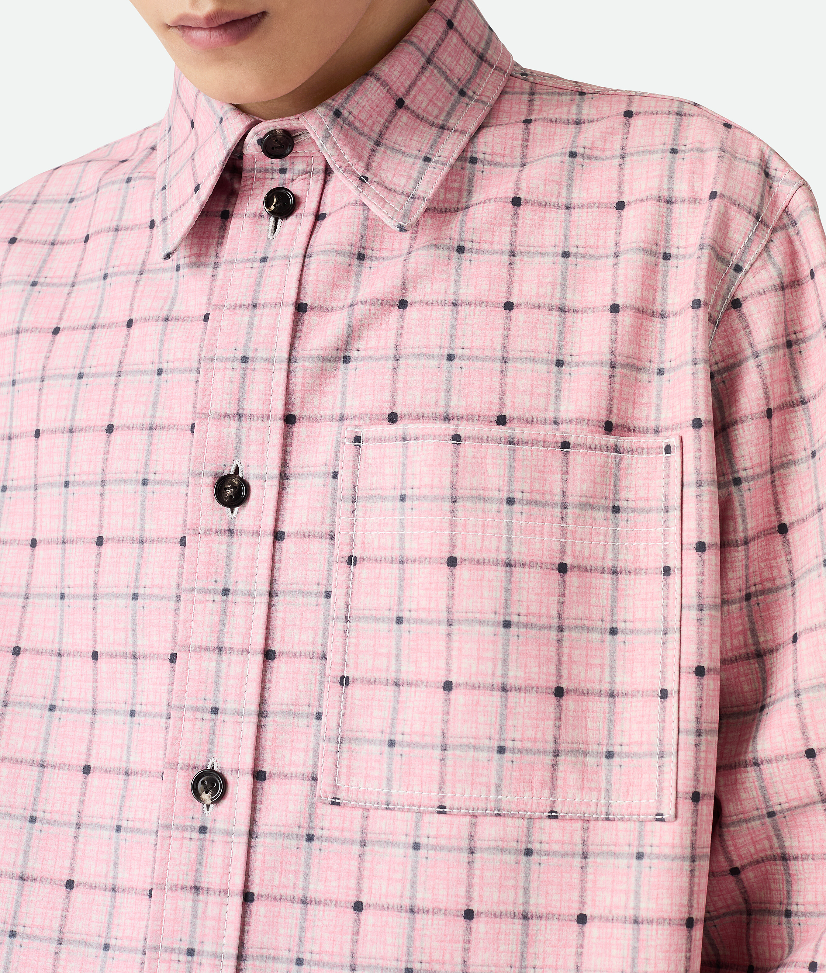 Bottega Veneta Men Pink Check Print Leather Shirt In Pale Pink/grey
