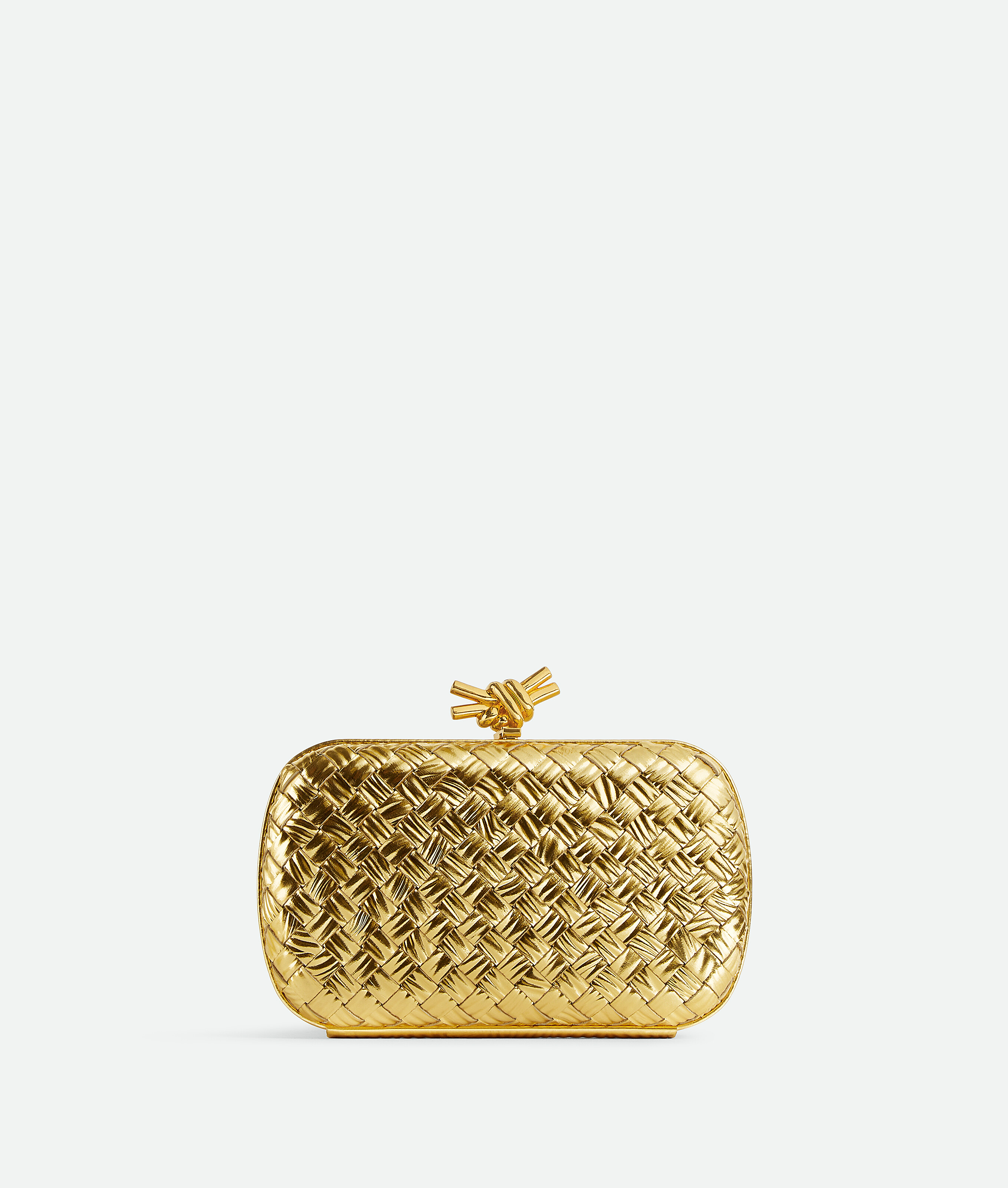 Bottega Veneta Knot Intrecciato Metallic Leather Clutch In Gold