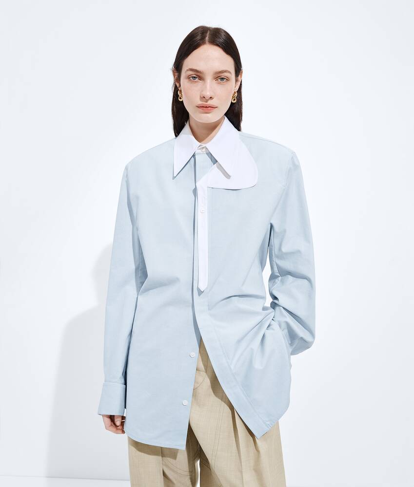 Women's Cotton Oxford Belted Shirt in Pale blue/white | Bottega Veneta RO Women's Cotton Oxford Belted Shirt in Pale blue/white | Bottega Veneta RO