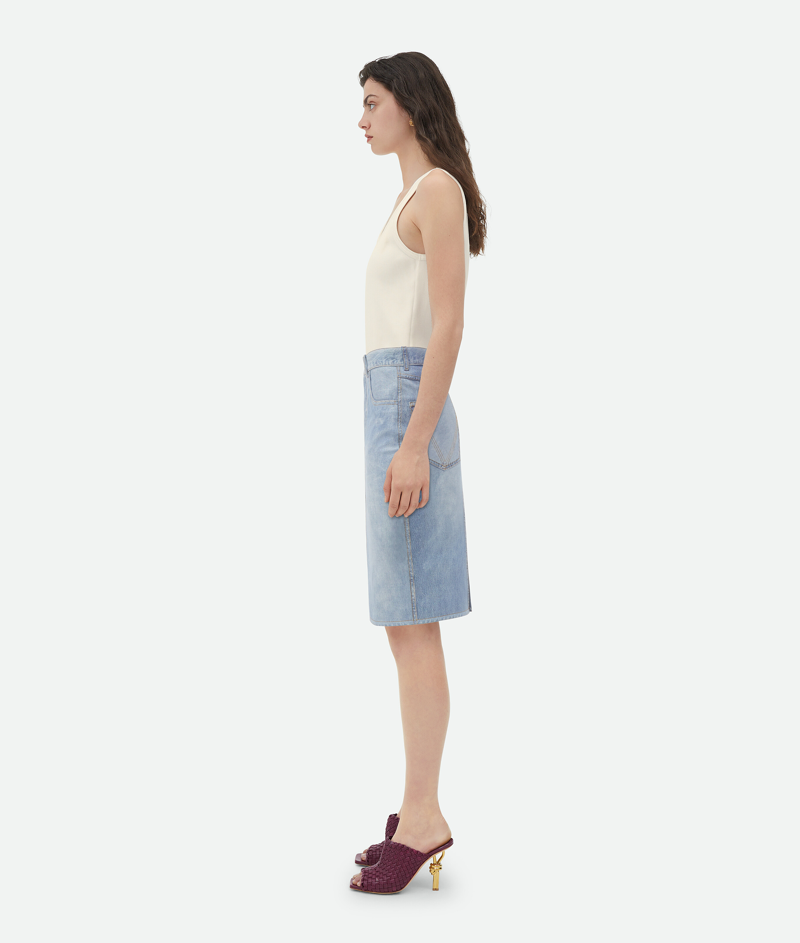 Shop Bottega Veneta Printed Leather Denim Midi Skirt In Blue