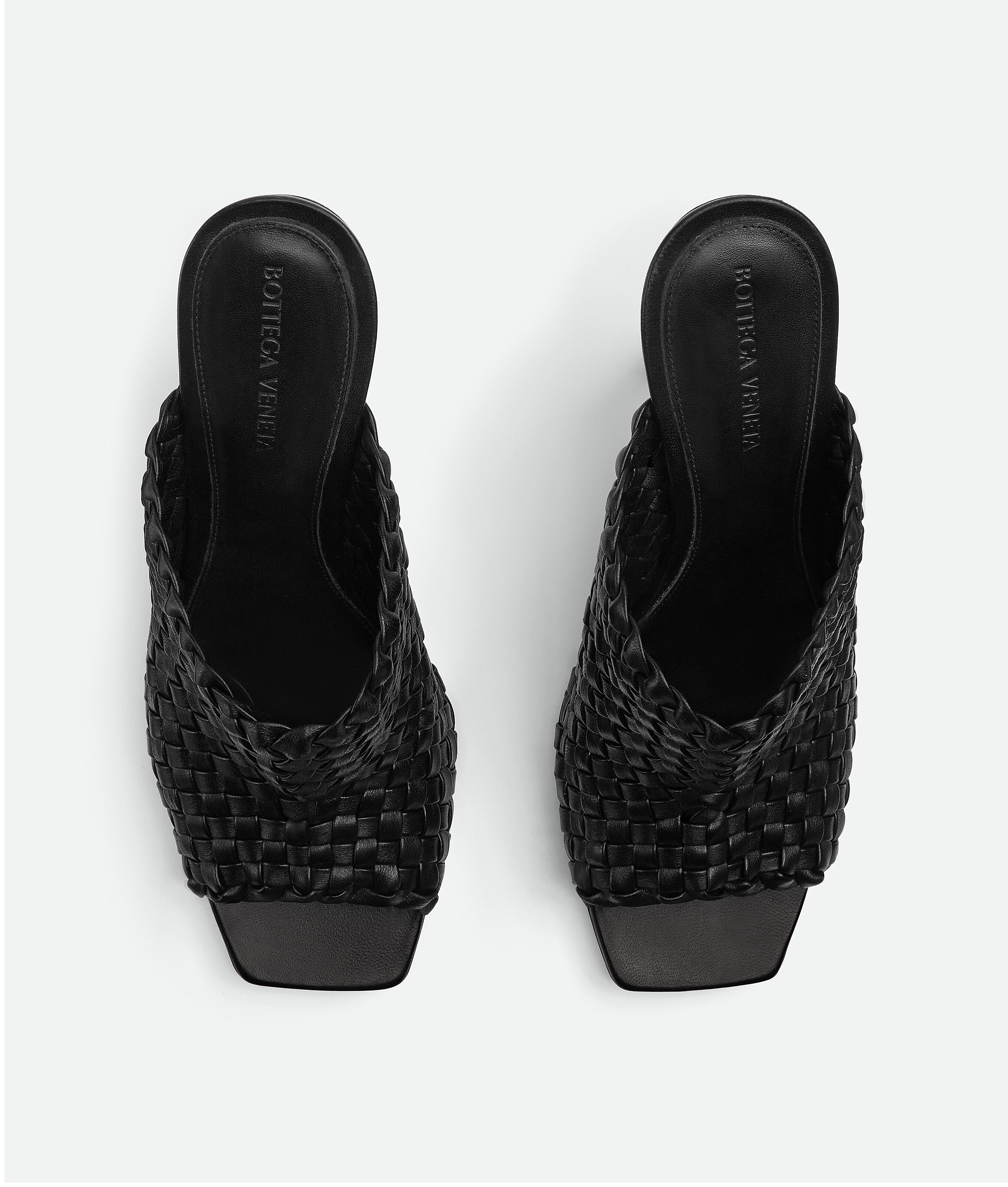 Bottega Veneta Leather Woven Mules With Metal Knot Heel In Black