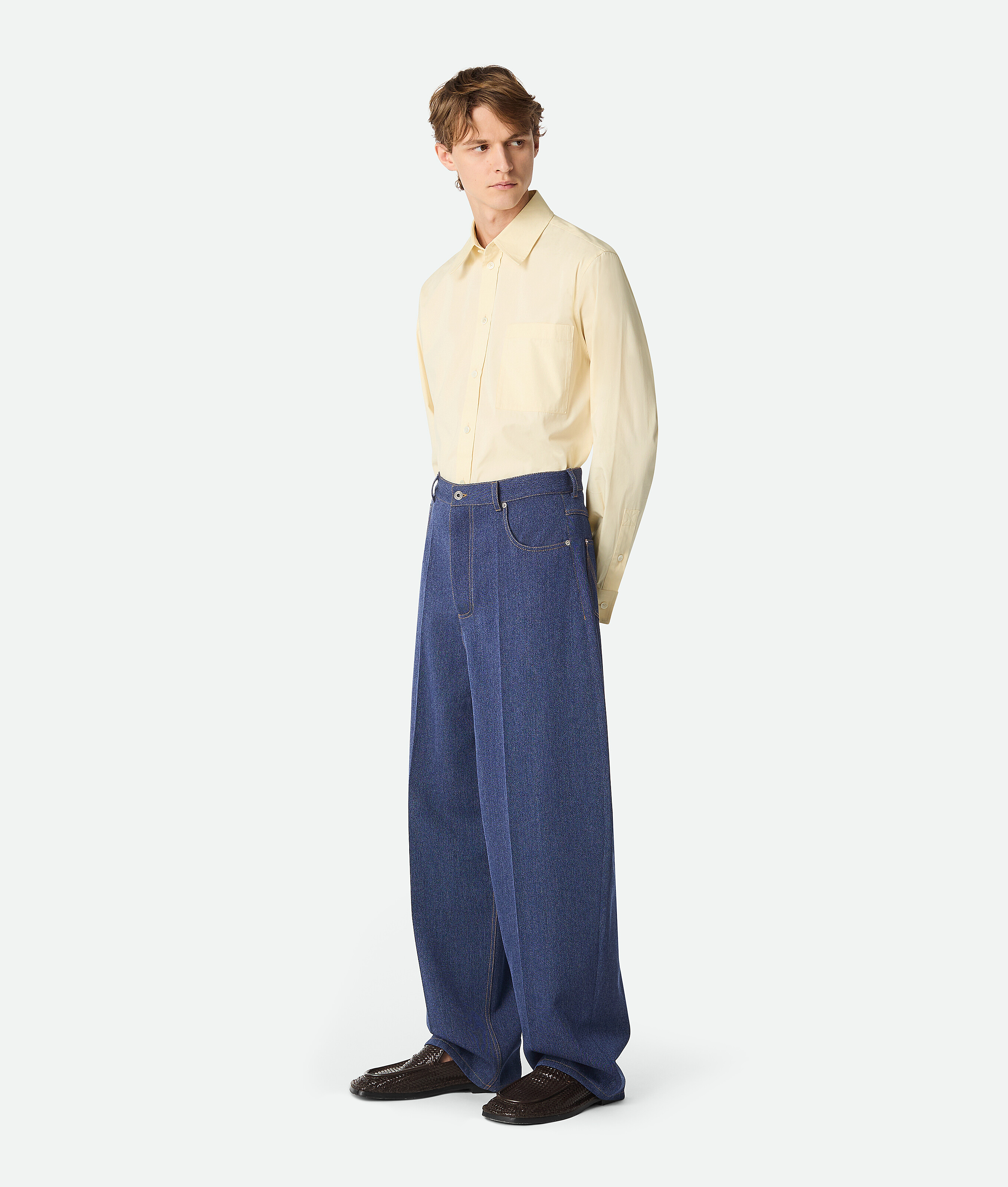 Bottega Veneta Wool Cotton Wide Leg Trousers In Indigo