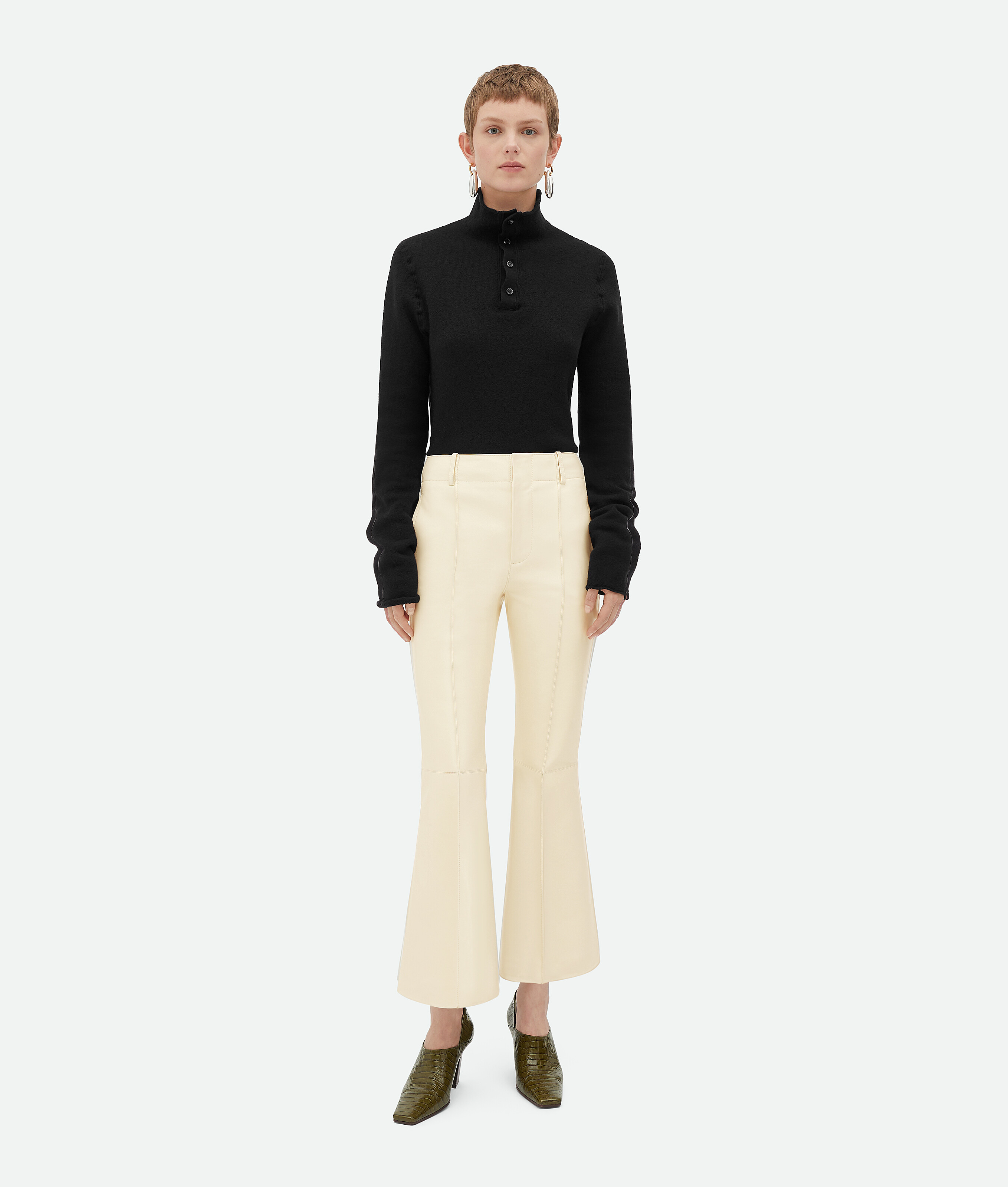 Bottega Veneta Leather Cropped Flared Trousers - Beige - Woman - 36 - Lambskin