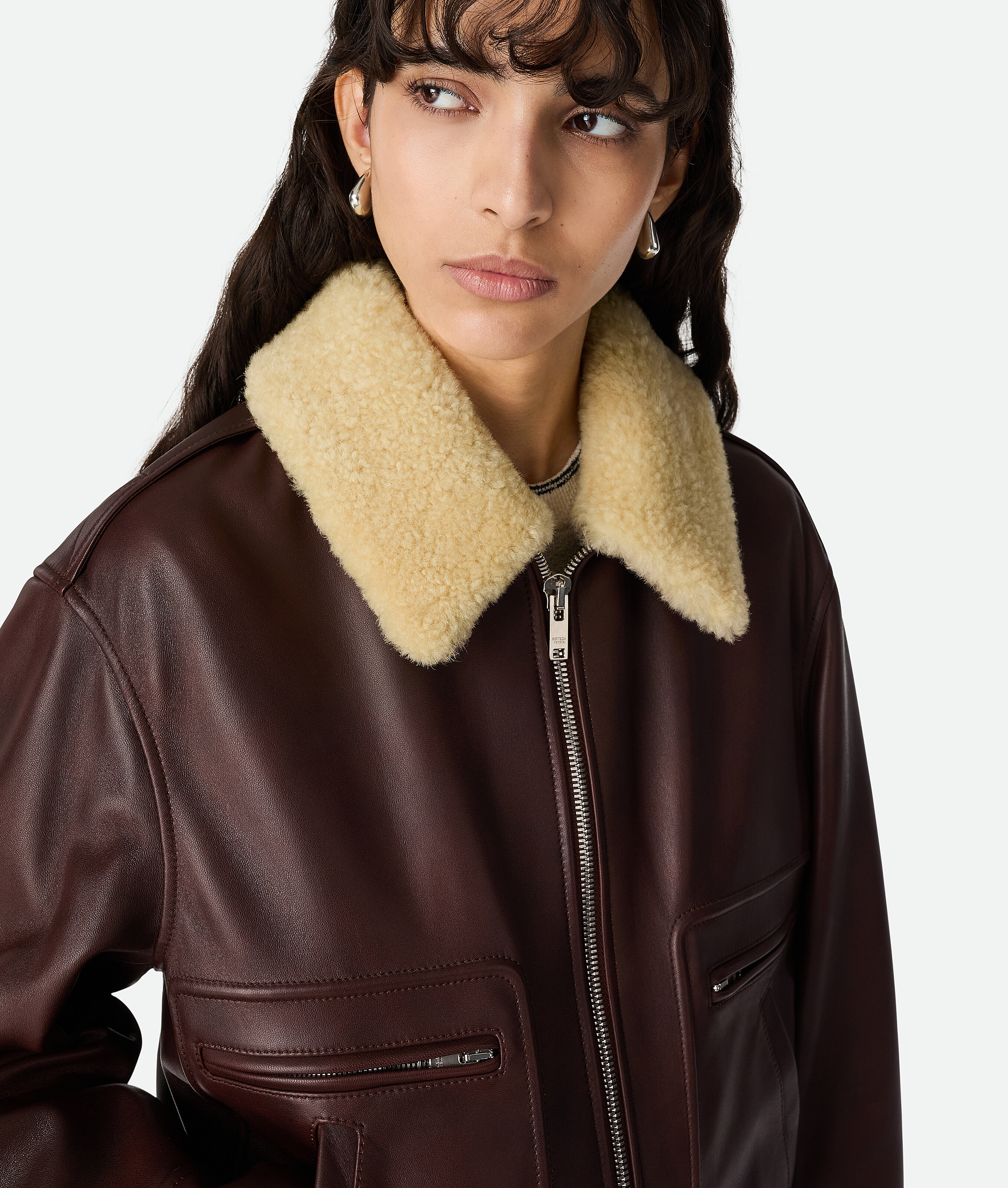 Bottega Veneta Brown Shearling Coat With Removable Fur Collar And Front Zip Closure In Leather Woman In Burgundy