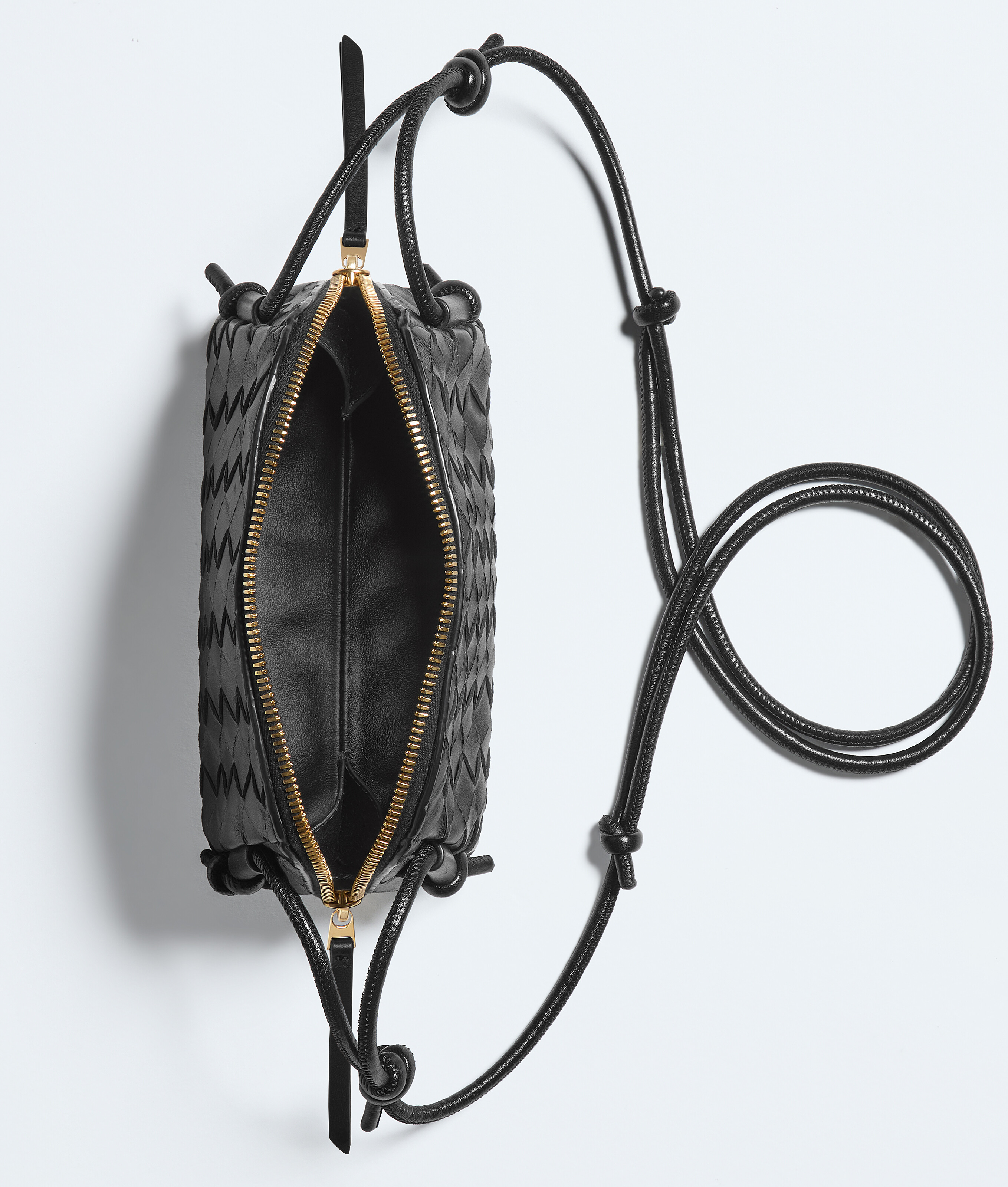Bottega Veneta Mini Leather Zip Bag With Adjustable Strap In Black