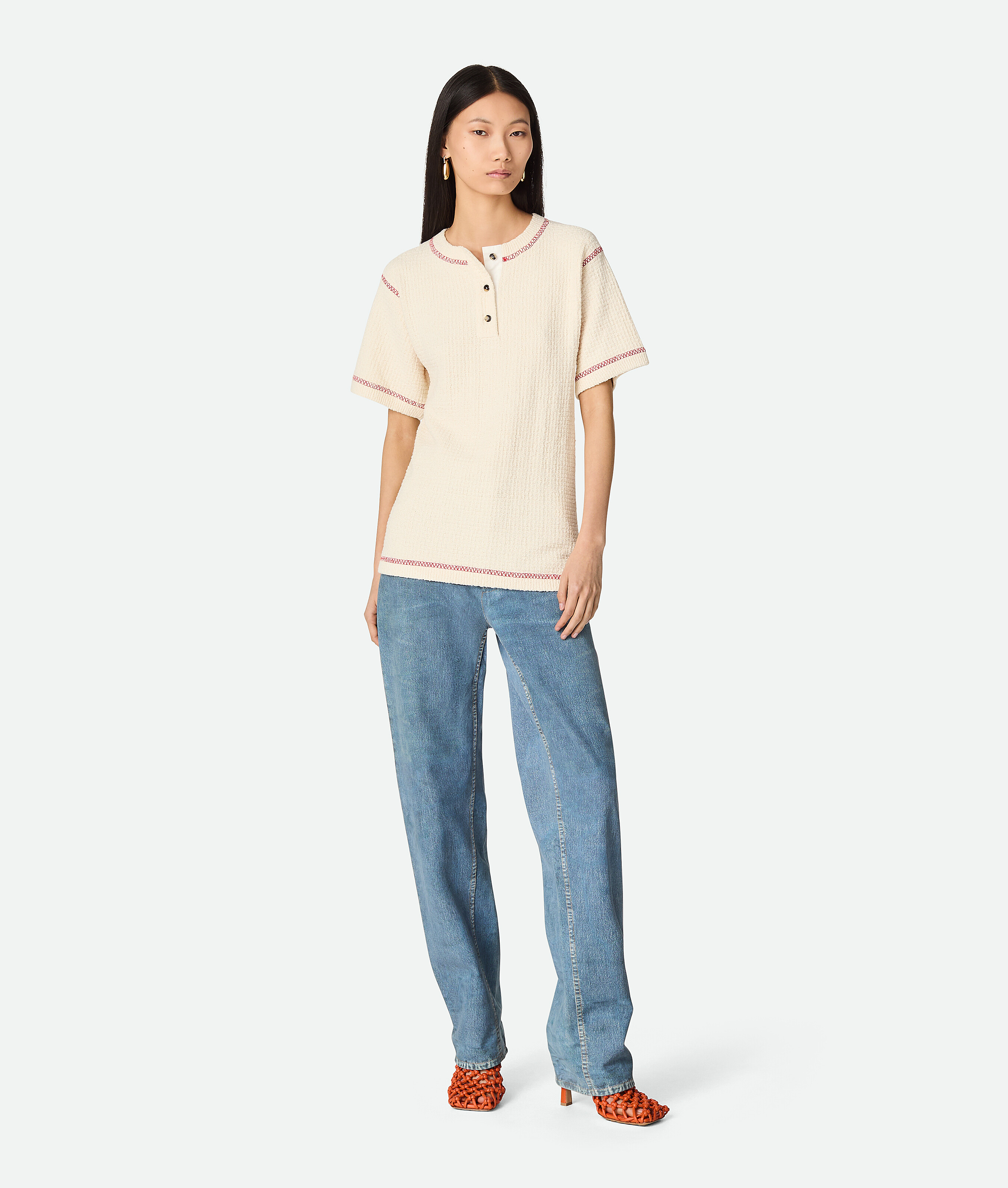 Bottega Veneta T-shirt In Cotone Waffle - Bianco - Donna - XS - Cotone & Poliammide