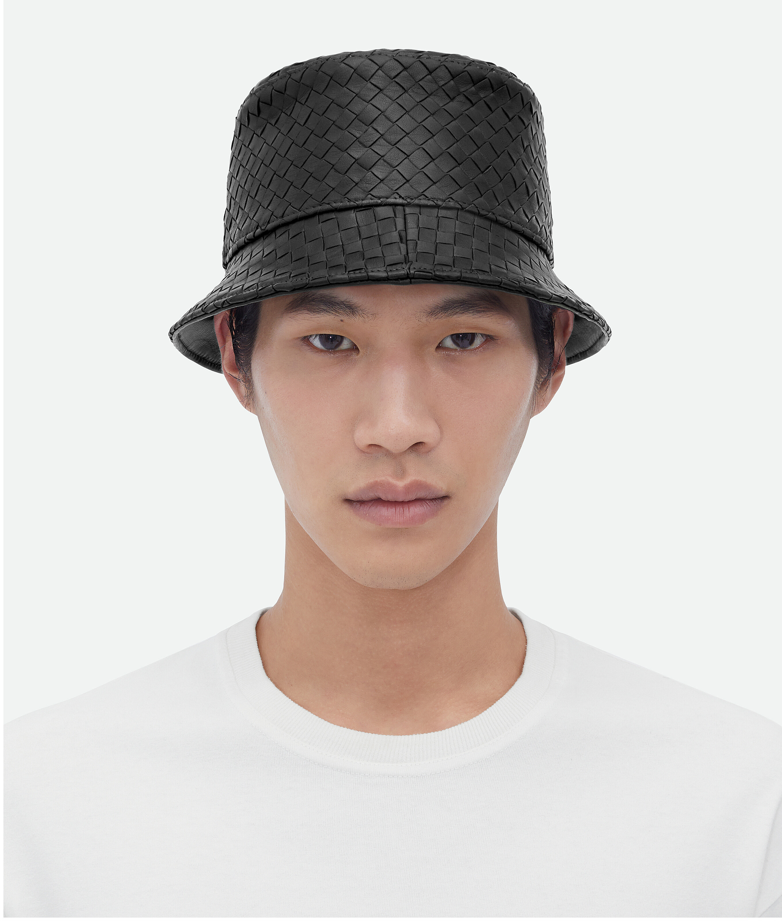 Bottega Veneta Black Bucket Hat With Metal Eyelets And Intreccio Motif In Leather Man In Black