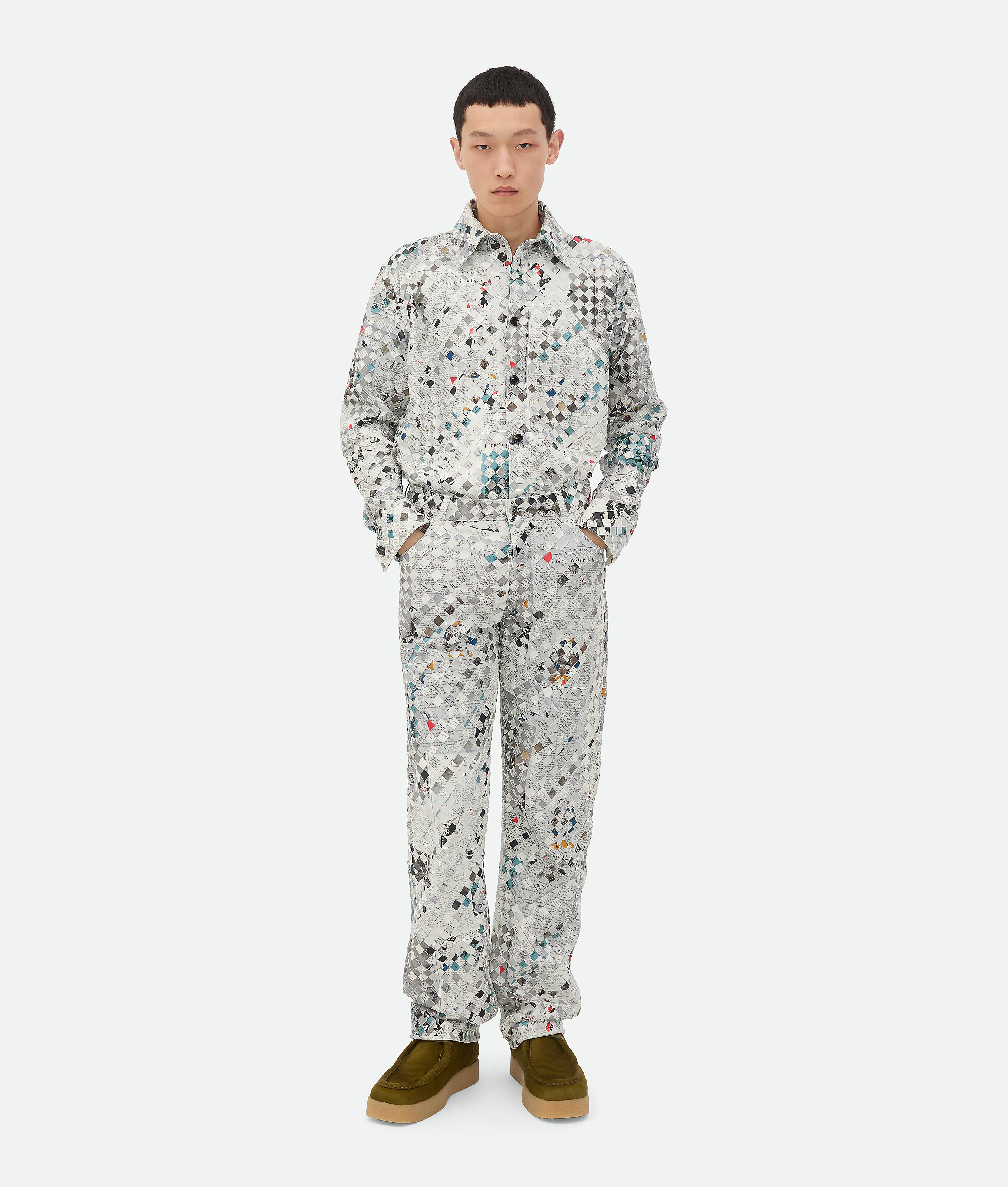 Bottega Veneta Printed Intrecciato Leather Trousers - Light Grey/black - Man - 46 - Lambskin