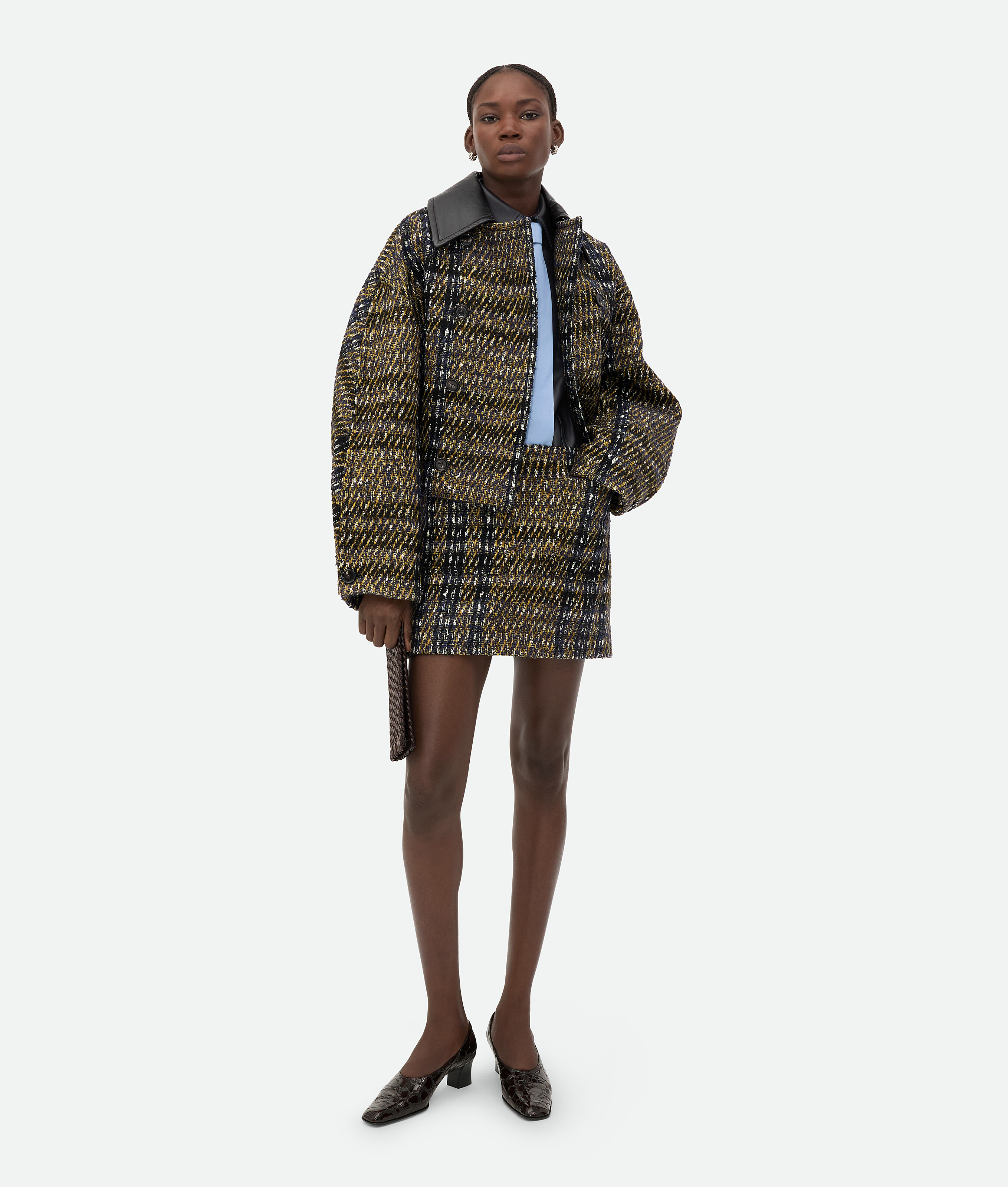 Bottega Veneta Check Pressed Wool Skirt In Eclipse/black/yellow
