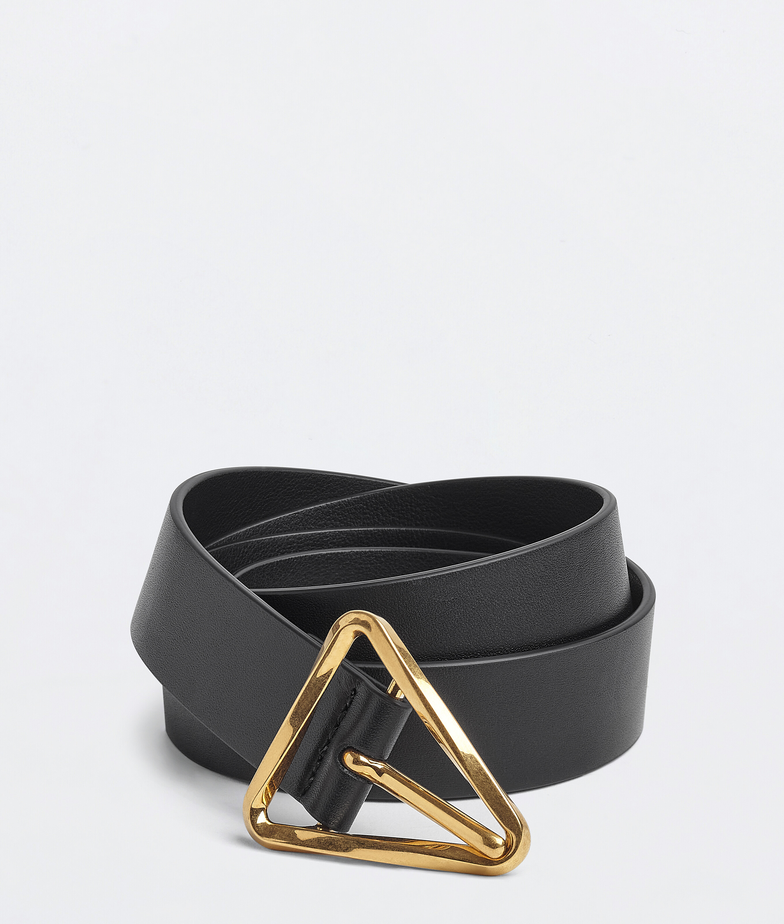 Black Womens Accessories Belts Bottega Veneta New Triangle Leather Belt in Black & Gold 