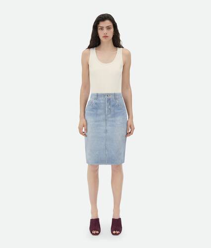 Printed Leather Denim Midi Skirt